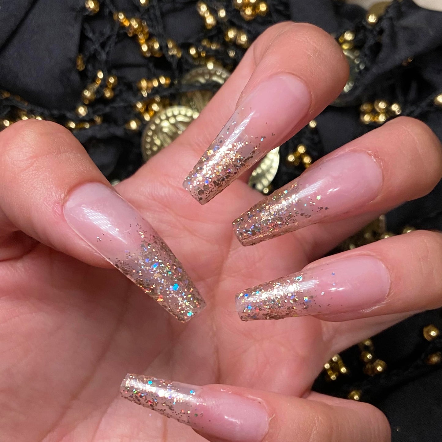 GOLD VIBES Press-On Nails by Lavaa Beauty | Gold Glitter Ombré Tip | Extra-Long Coffin