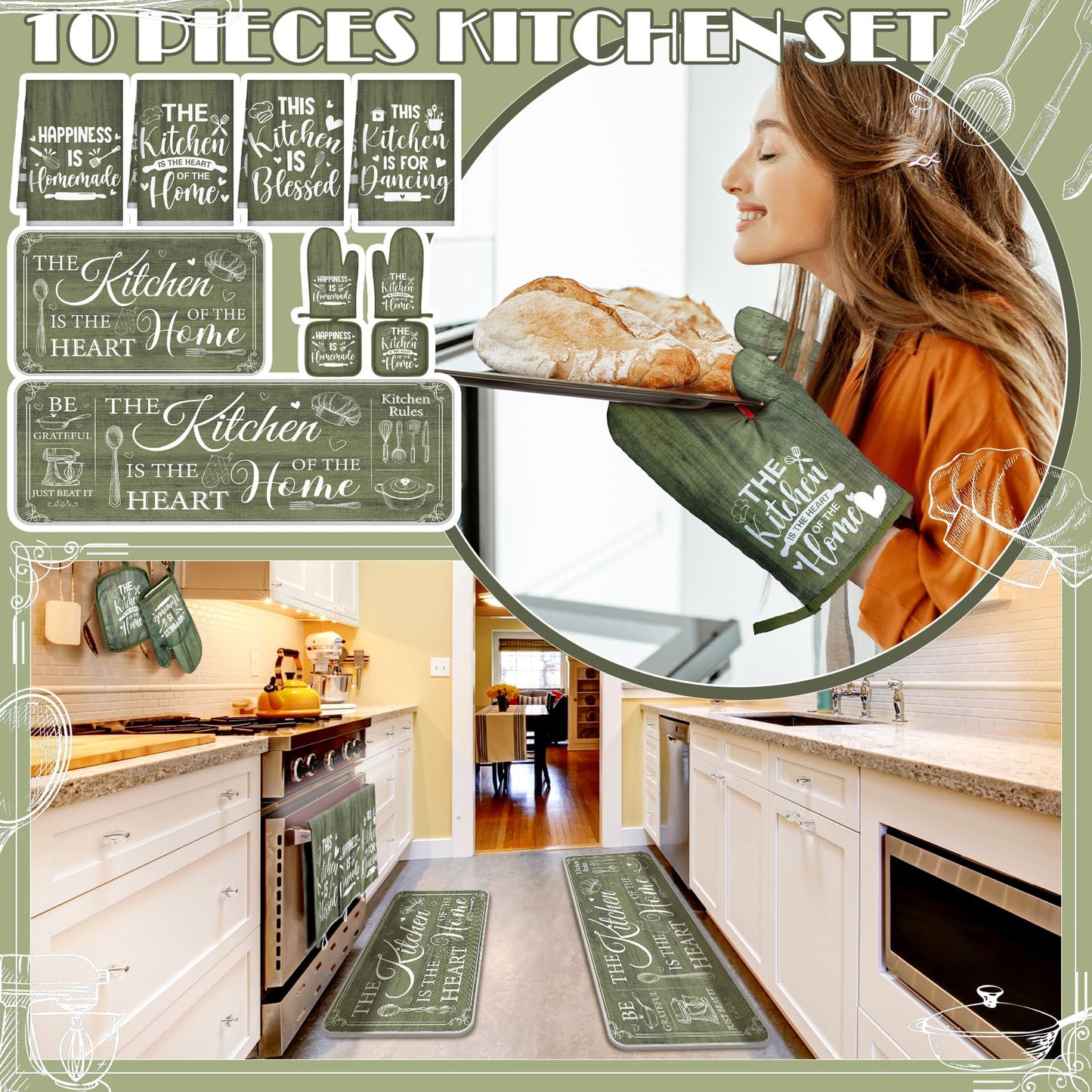 Fourluoo 10 Pcs Farmhouse Kitchen Decor and Accessories Set 4 Kitchen Towels 2 Pot Holders 2 Oven Mitts 2 Rugs for Cooking Baking Mom Housewarming Gifts(Sage Green,Classic Style)