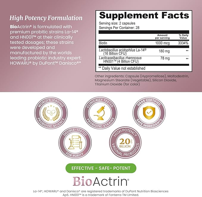 Bioactrin Vaginal Probiotics for Women - Formulated Bacterial Vaginosis Treatment, Yeast Infection and Vaginitis Relief - BV Treatment for Women Probiotic- pH Female Vaginitis Support - 56 Pills