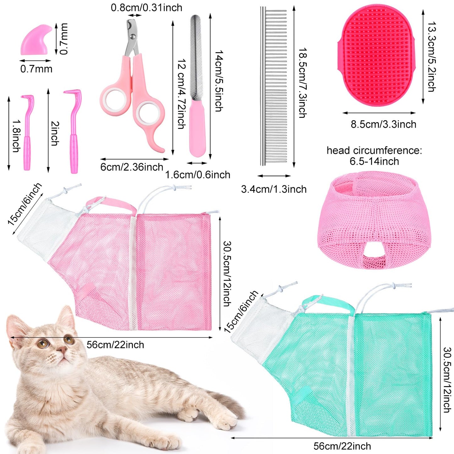 Kritkin 10 Pcs Cat Bathing Bag Set Pet Mesh Shower Bag Anti Bite and Scratch Pet Grooming for Washing Brush, Cat Muzzle, Nail Clipper, Nail File, Tick Tool(Blue and Pink)