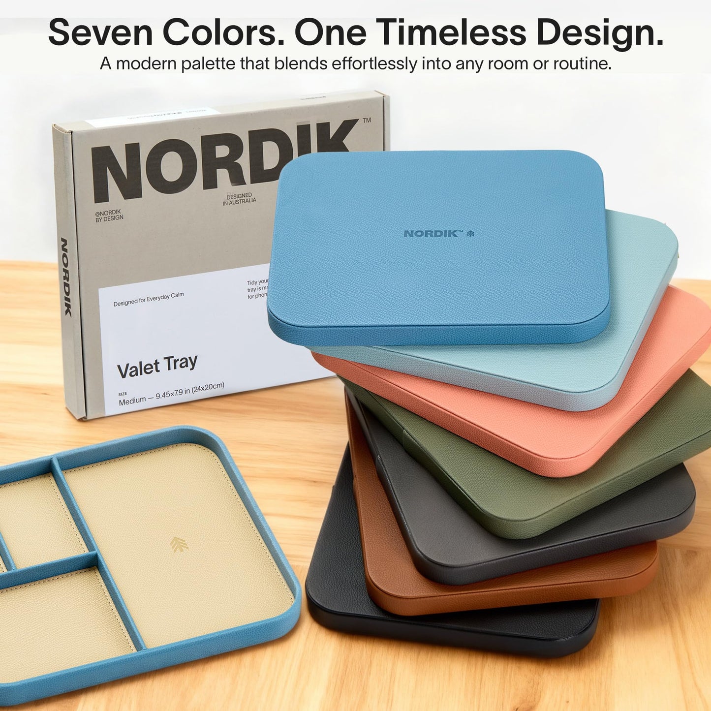 Nordik Leather Valet Tray - Nordik Blue - 9.5 x 7.9 Inch Medium Vegan Leather Tray - Stylish Nightstand Organizer for Men - Modern Bedside Caddy - EDC Catchall for Key Watch Wallet Jewellery