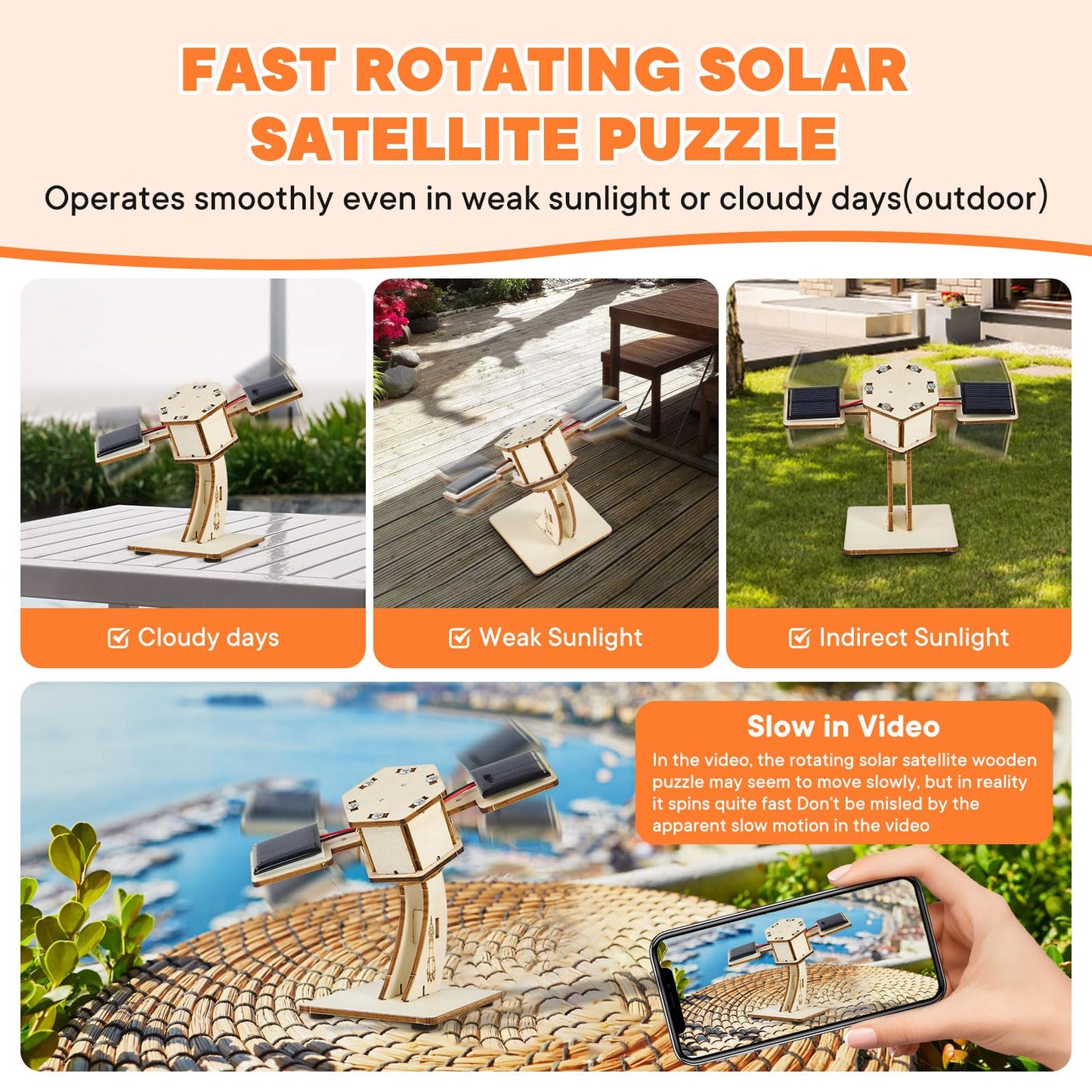 DIY Rotating Solar Satellite - 3D Wooden Puzzle Building Toy.STEM Educational Science Craft Model Kit for Kids.Creative Artificial Satellite Space Model.