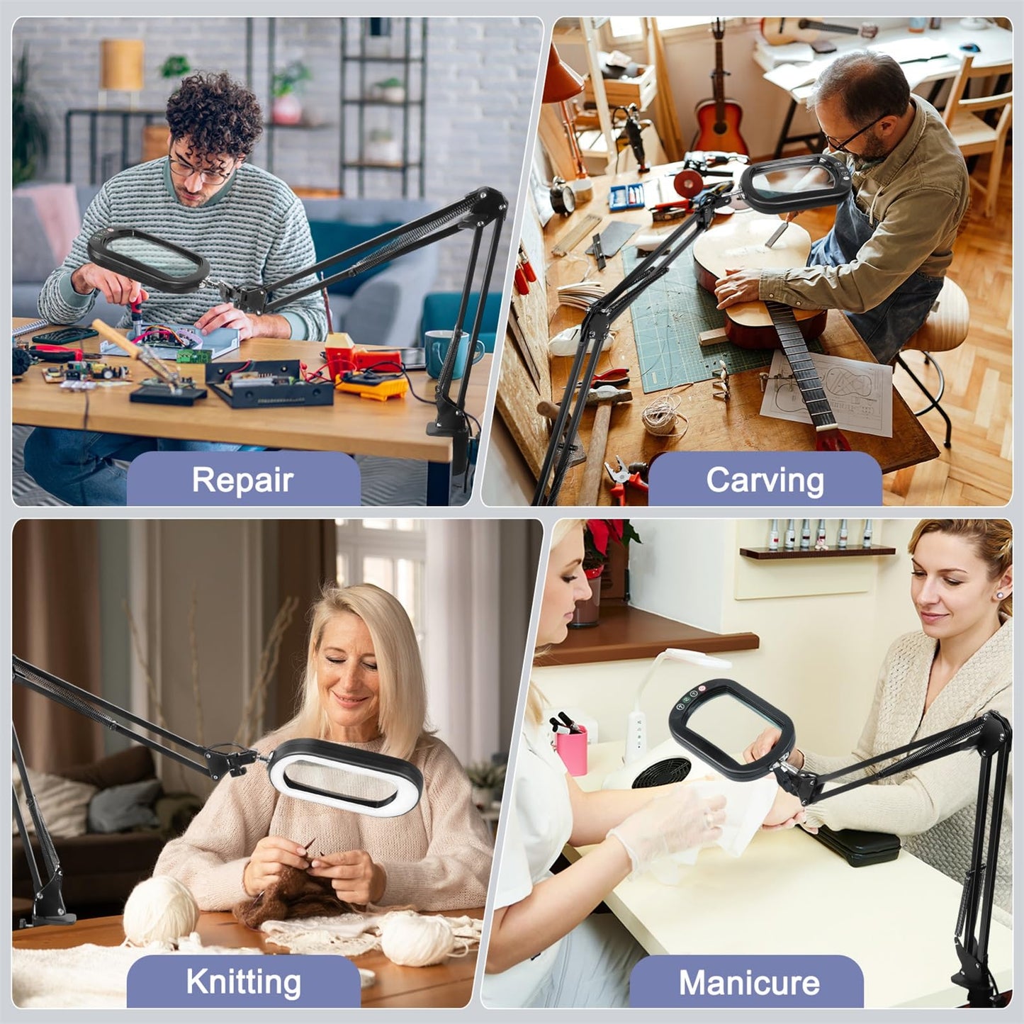 10X Large Magnifying Glass with Light and Clamp, Real Glass, 5 Color Modes, Stepless Dimmable, Lighted Magnifier with Stand Hands Free, LED Swing Arm Desk Lamp for Close Work, Craft, Reading, Painting