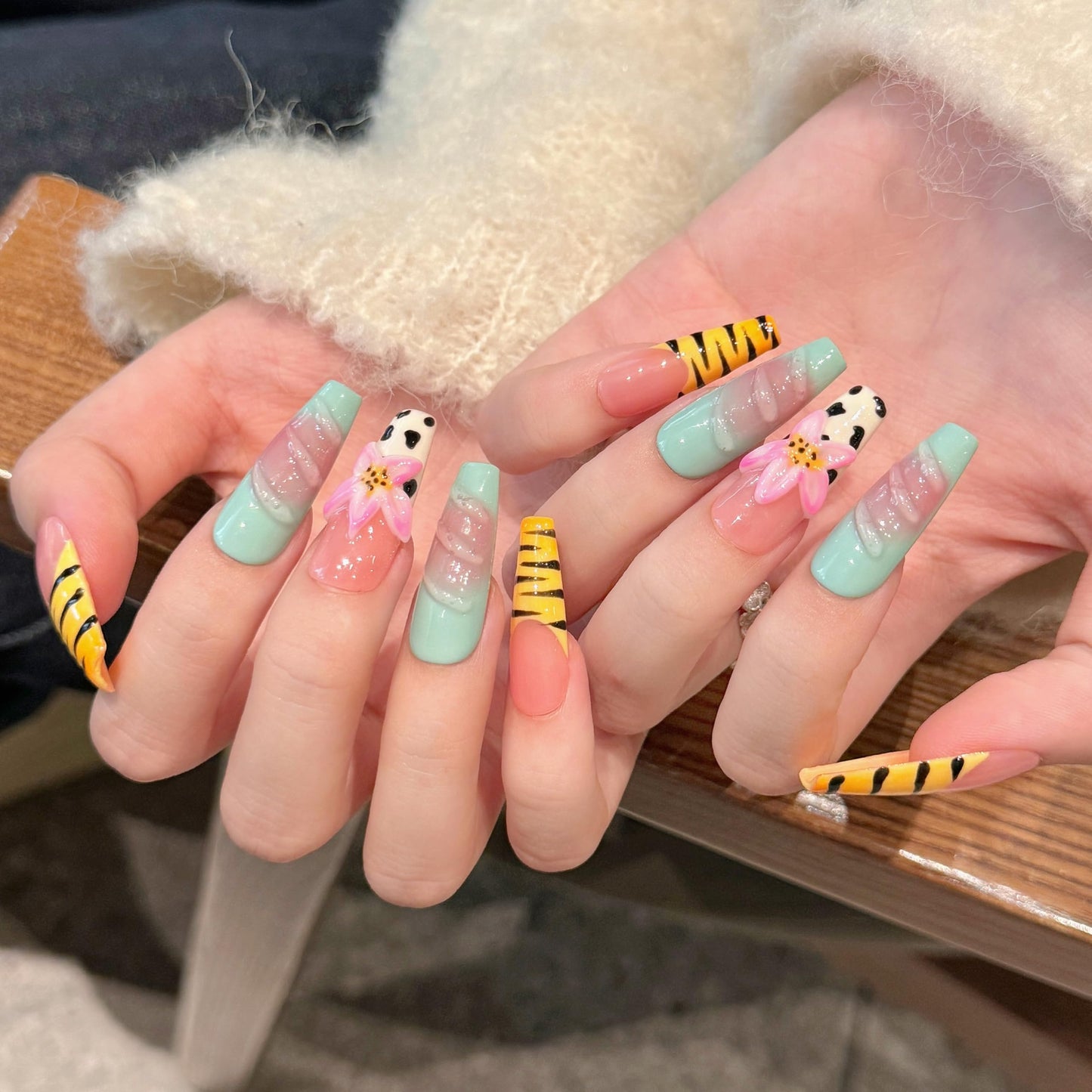 Press on Nails Long Square - 3D Design Lotus Flowers & Zebra French Tip, with Animal Print and Glossy Finish (M)