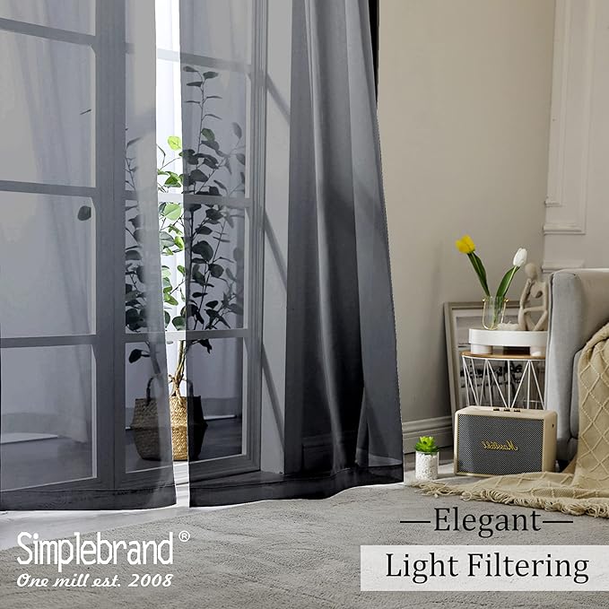 Simplebrand Black Sheer Curtains, 63" Length, 2 Panels Set - Light Filtering, Rod Pocket Window Curtains for Bedroom (Black, 59" W x 63" L)