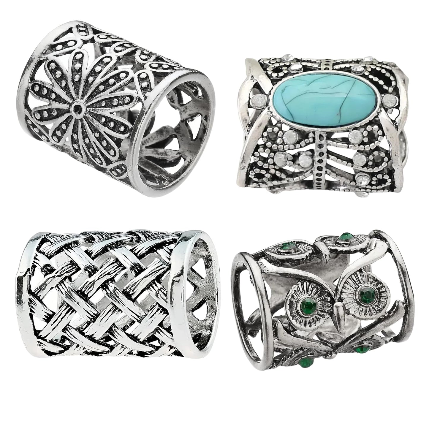 SYWDUDUCLT Vintage Style Scarf Ring Set, 4 Pack, Silver Tone with Floral, Turquoise, Weave and Owl Designs