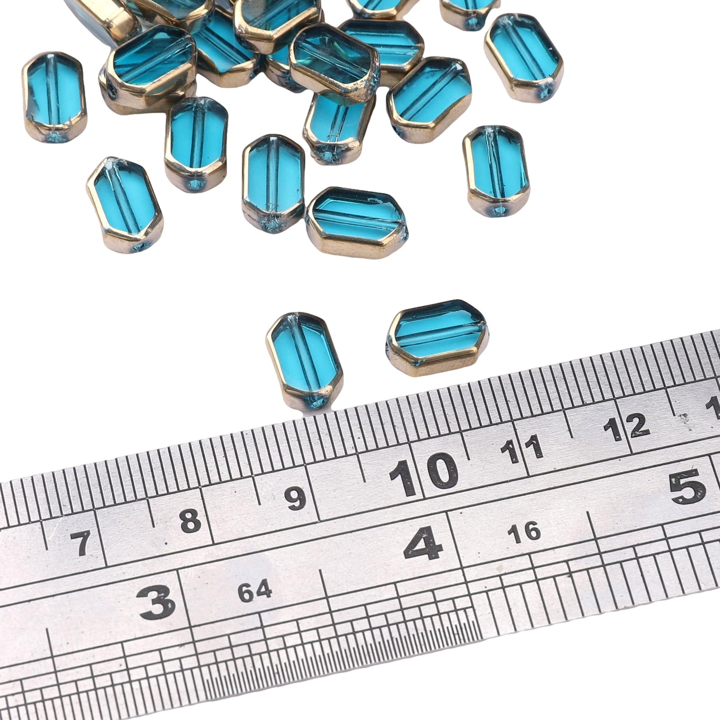 DADIFEN Glass Octagon Beads Lake Blue 6x9mm 28pcs Rectangle Golden Edge Crystal Loose Beads for DIY Craft Jewelry Making