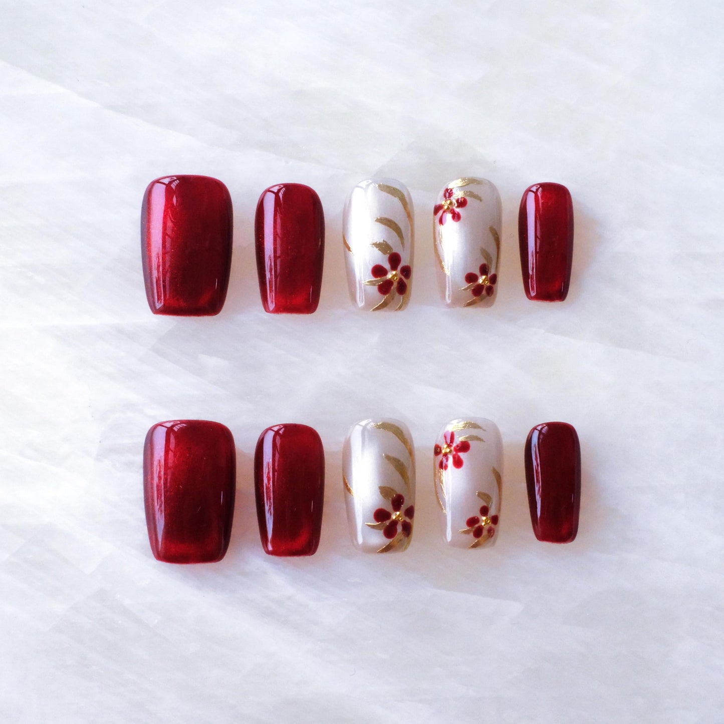 GLORS Press on Nails, Red Plum Embroidery Cat Eye False Nails with Gold Floral Design, medium ballerina Shape, 10 Pieces (Small, MB)