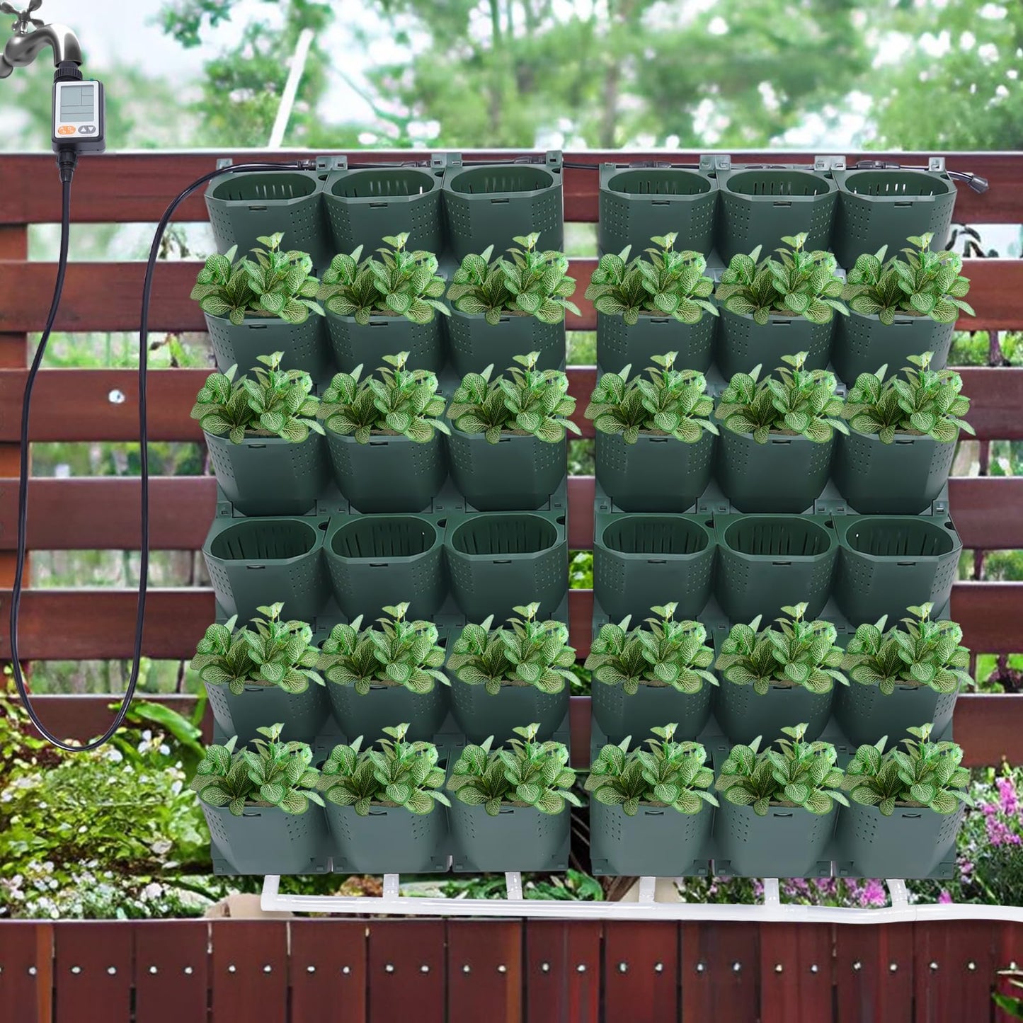 WANLECY Self-Watering Wall-Mounted Planter with Drip System and Timer Indoor/Outdoor Decor, Vertical Wall Planter with 36 Pots for Herbs Vegetables Fruits (Dark Green)