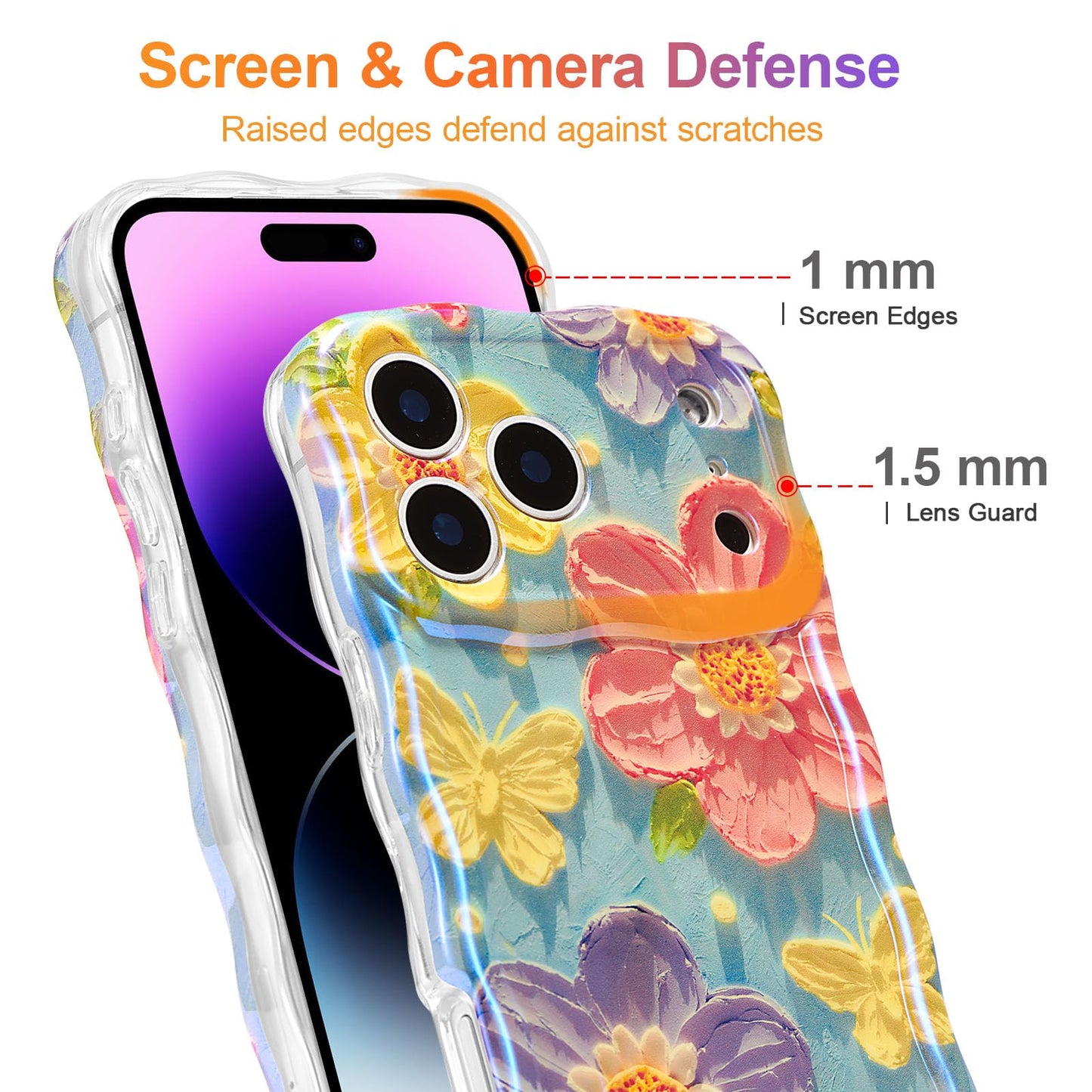 EYZUTAK Case for iPhone 17 Pro, Colorful Retro Oil Painting Flower Laser Glossy Pattern Cute Curly Wave Edge Exquisite Phone Cover Stylish Durable TPU Protective Case for Women - Butterfly Flower