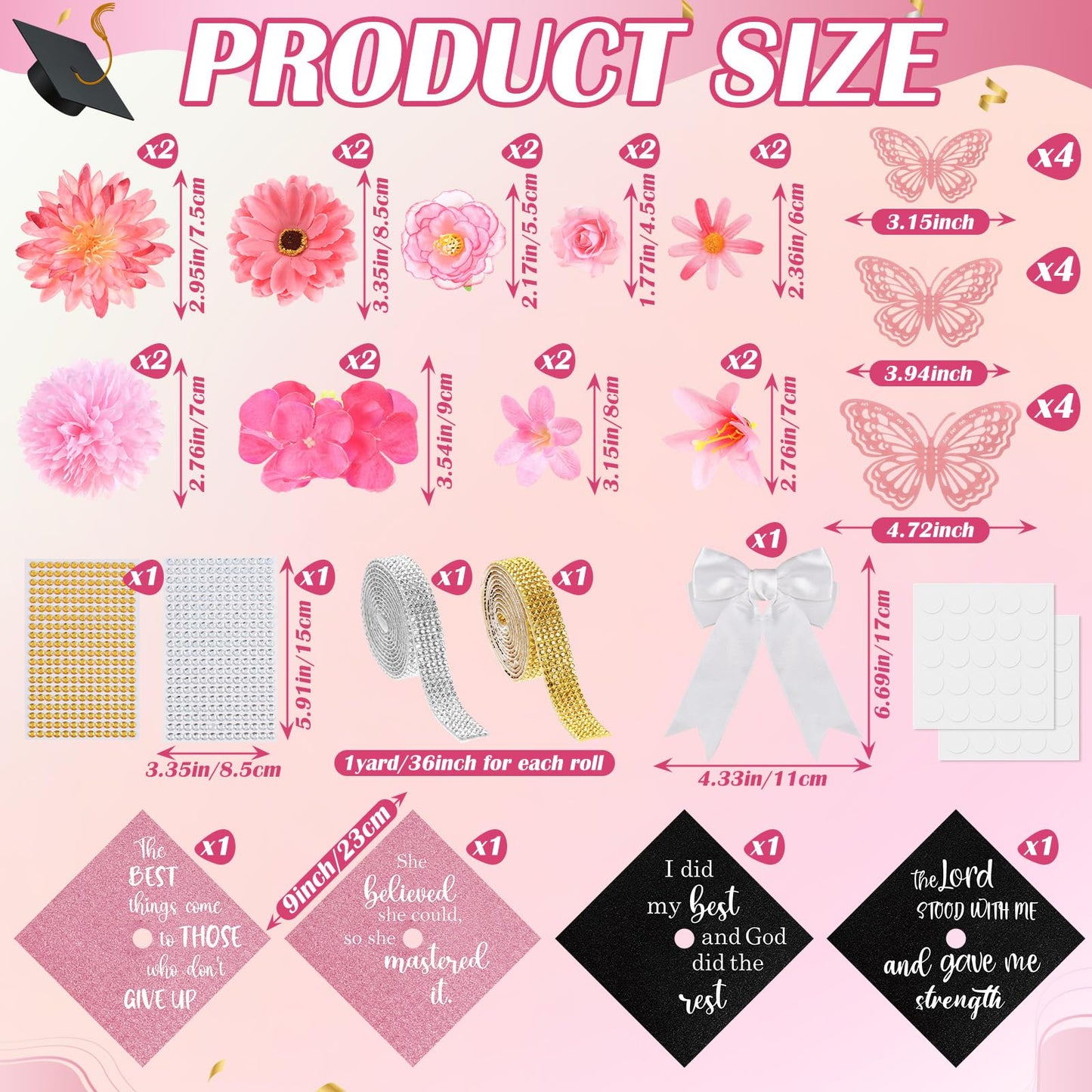 Dunzoom 40 Pcs DIY Graduation Cap Decorations Kit Artificial Flowers Inspirational Cardstock 3D Butterfly Stickers Ribbon Bow Rhinestone Stickers for Grad Cap Topper Graduation Party(Pink)
