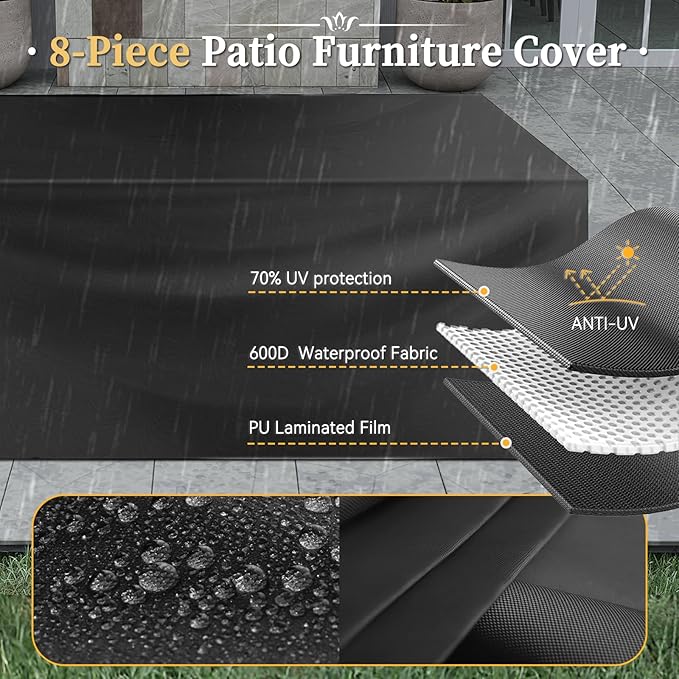 Aoxun 8 Piece Patio Furniture Set with 44” Fire Pit Table Paito Conversation Set Wicker Rattan Outdoor Sectional Sofa Set with Waterproof Cover and Thickened Cushions (Grey/Blue)