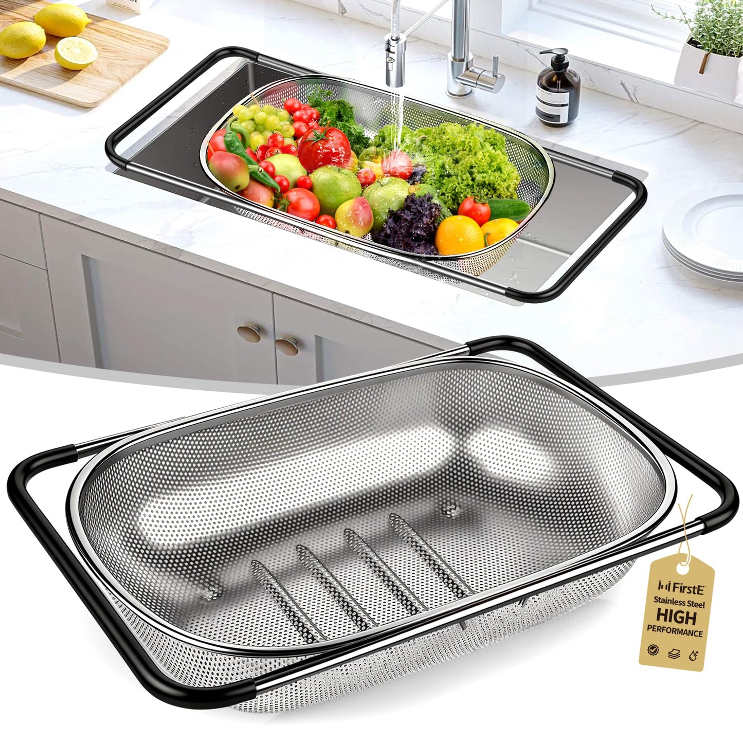 FirstE Over the Sink Colander Strainer Basket 6 Quart, Fine Mesh Stainless Steel Colander with Expandable Anti-slip Rubber Grip Handles, Kitchen Sink Vegetable Strainer for Drain Pasta, Rinse Fruits