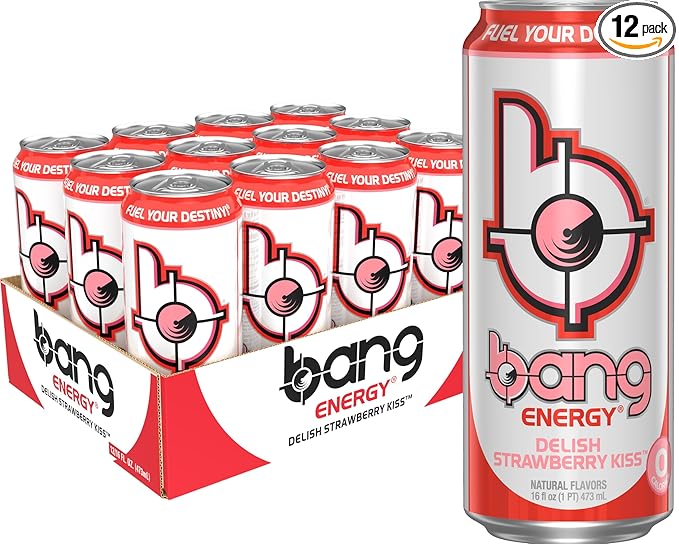 Bang Energy Delish Strawberry Kiss, Sugar-Free Energy Drink, 16 Fl Oz (Pack of 12)