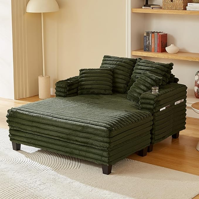 64" Chaise Lounge Chair Indoor, Oversized Sleeper Chair with Wood Frame, Upholstered Sofa Bed for Living Room, Movie Room, Bedroom with 4 Storage Pockets&2 Cup Holders(Plush Corduroy, Green)