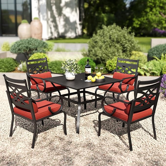 PHI VILLA 5 Pieces Outdoor Dining Set for 4, 37" Square Metal Table with Umbrella Hole & Wrought Iron Chairs, All Weather Large Outside Furniture with Red Cushions & Pillows for Patio, Deck, Porch