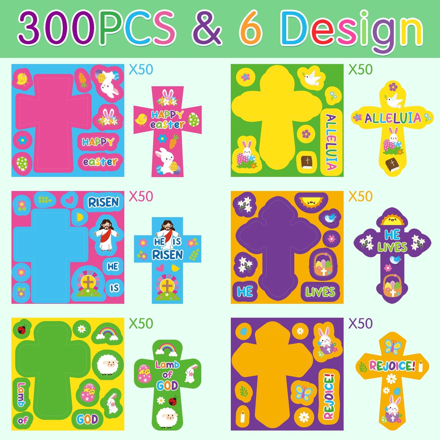 Haooryx Easter DIY Sticker Roll - 300Pcs Christain Religious Cross Shape Make A Face Stickers Self Adhesive Vinyl Waterproof Label Decal Water Bottle Laptop Skateboard Easter Egg Filler Party Supplies
