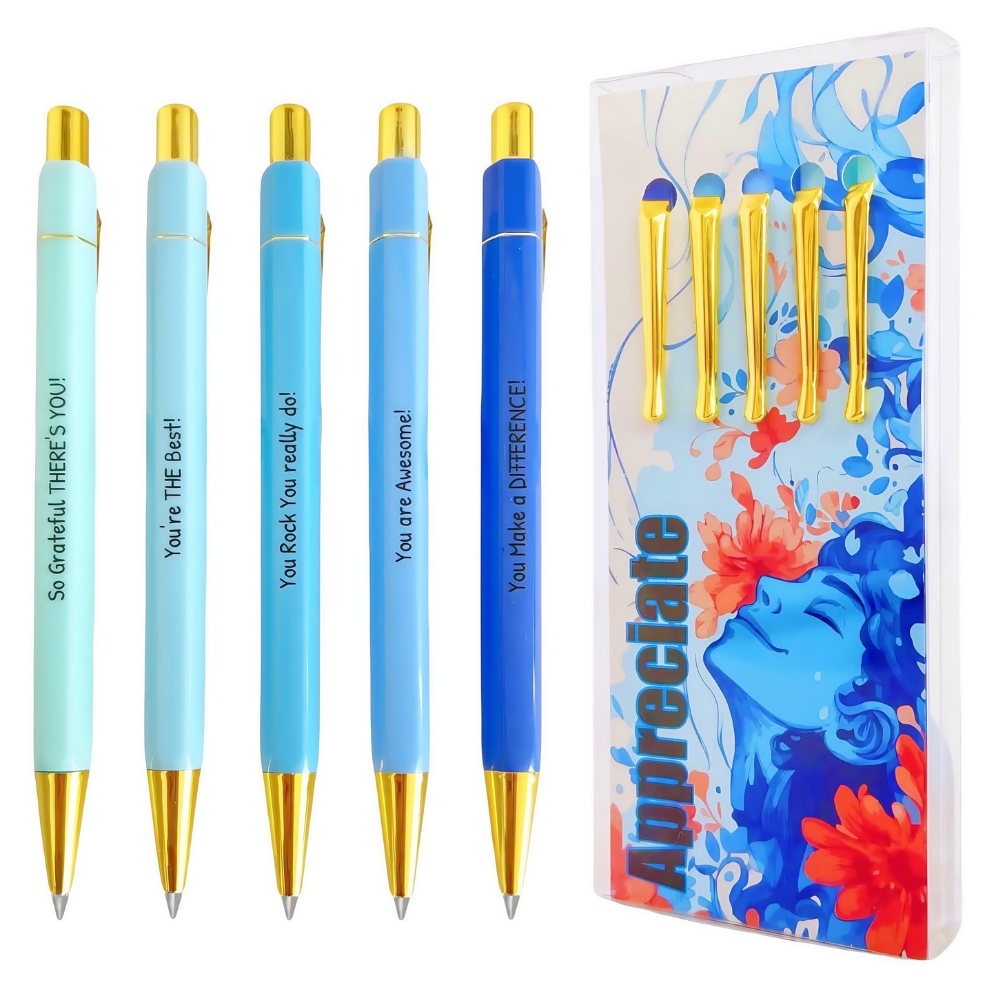 Jxueych 5 Pieces Inspirational Pen Set for Women - Teacher/Nurse Appreciation Gifts, Motivational Pens with Positive Affirmations, Gift-Ready PVC Packaging & Office Decor