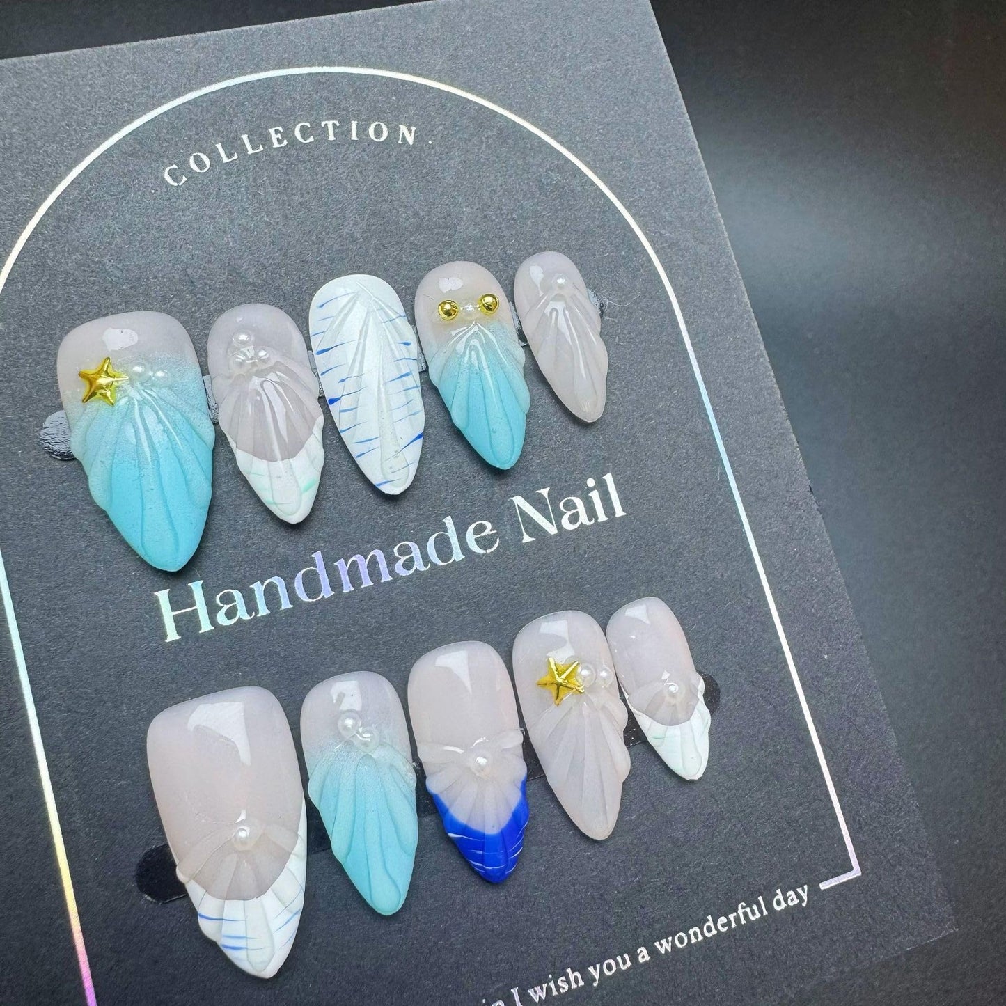 100% Handmade Press on Nails Medium Almond Fake Nails Summer Acrylic Handmade Nails Press Ons Ocean Seashell Waterdrop False Nails for Women Girls Manicure Size M