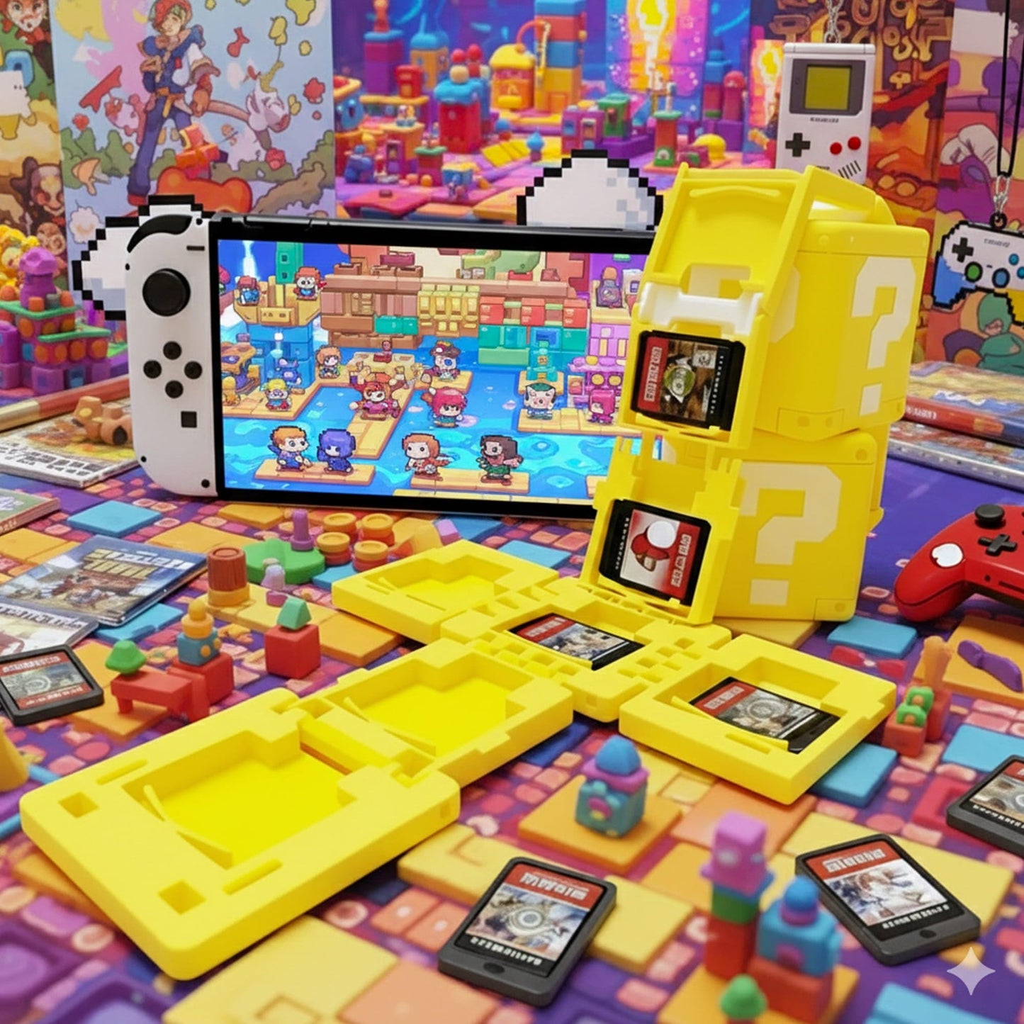 Game Card Holder for Nintendo Switch – 13-Slot Cartridge Case, 3D Printed Retro Question Mark Style, Fits All 1st & 2nd Gen Game Cards, Yellow Organizer Box for Switch, Cool Gamer Gift & Desk Decor