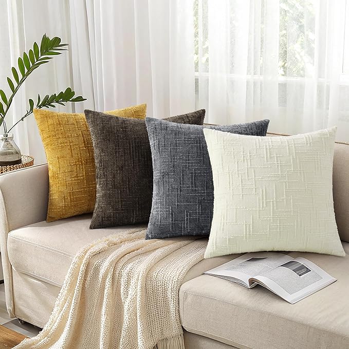 decorUhome Dark Grey Chenille Throw Pillow Covers 16x16 Set of 2 Thick Textured Slubby Couch Pillow Covers Farmhouse Accent Modern Neutral Decorative Pillow Cases for Bed Sofa Living Room