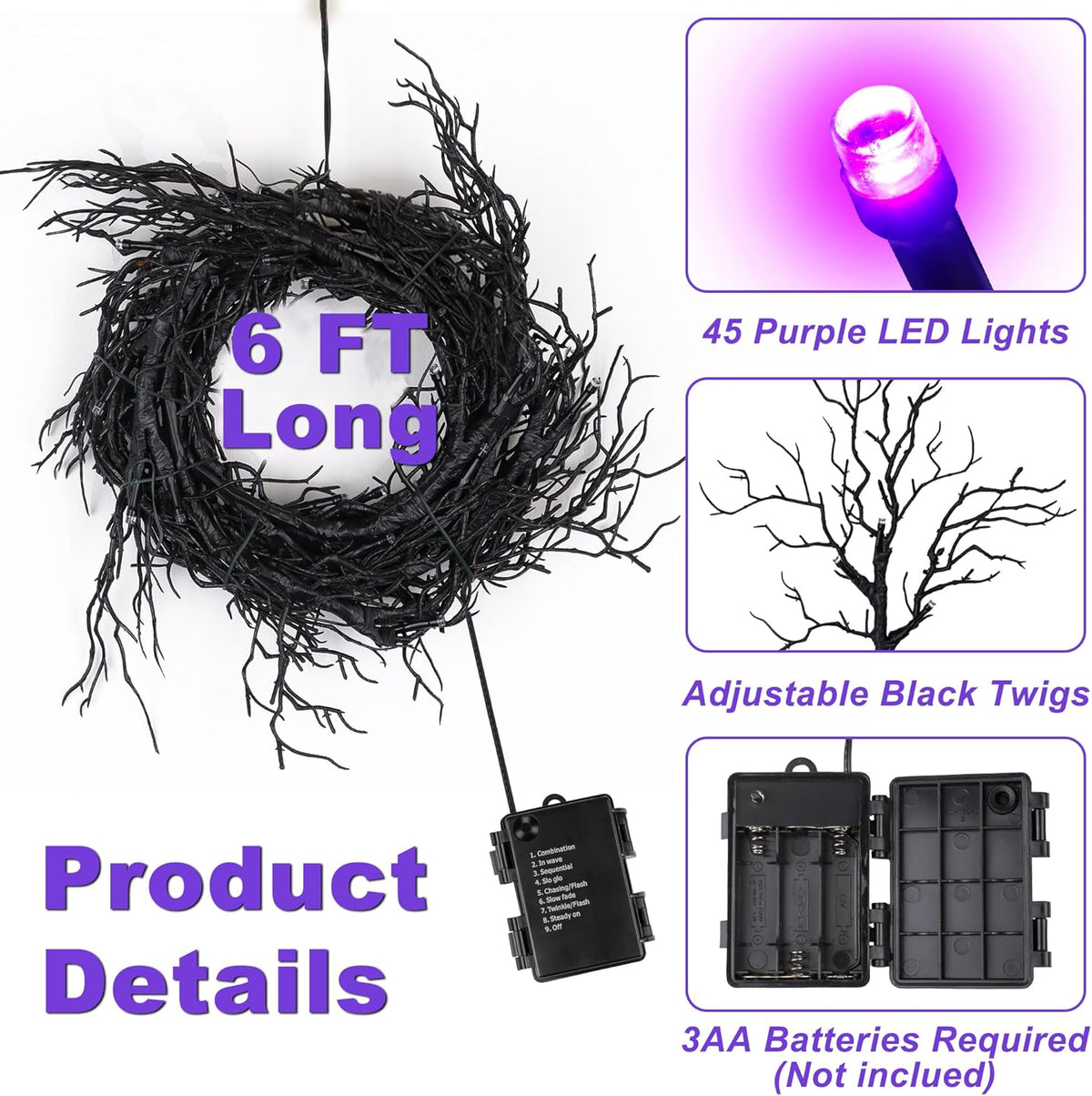 6 Ft 45 LED Willow Vine Twig Decor Black Halloween Garland with Purple Lights, Timer 8 Modes Waterproof Battery Operated Indoor Halloween Decorations for Wall Fireplace Mantle Home Office Party Decor
