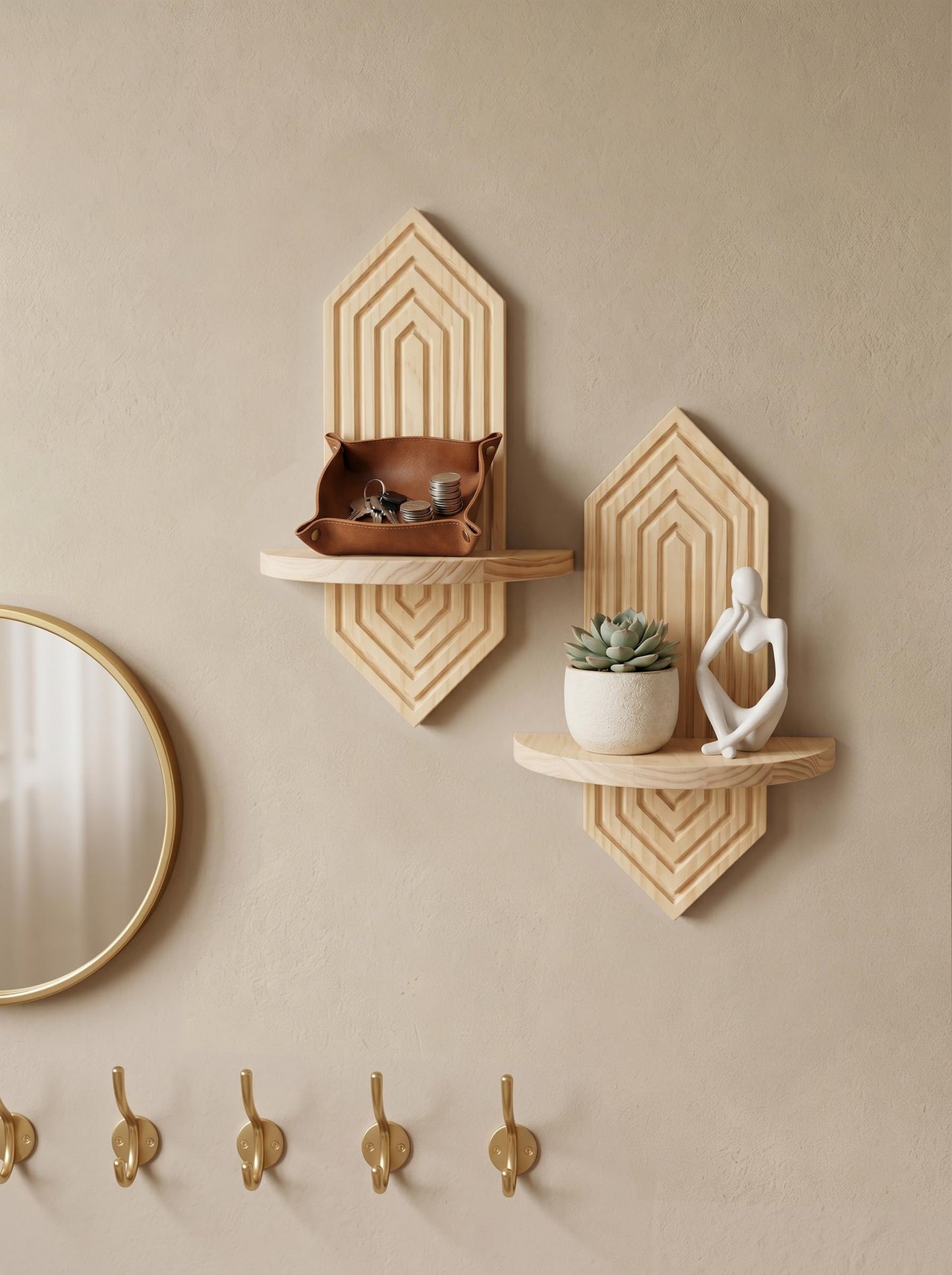 BenChiRealm 2 Pcs Floating Shelves for Wall, Pine Wood Boho Wall Decor, Mid Century Modern Decor Plant Wall Shelf, Vertical Wall Plant Holder,for Living Room,Bedroom，Nursey Room (Natural)