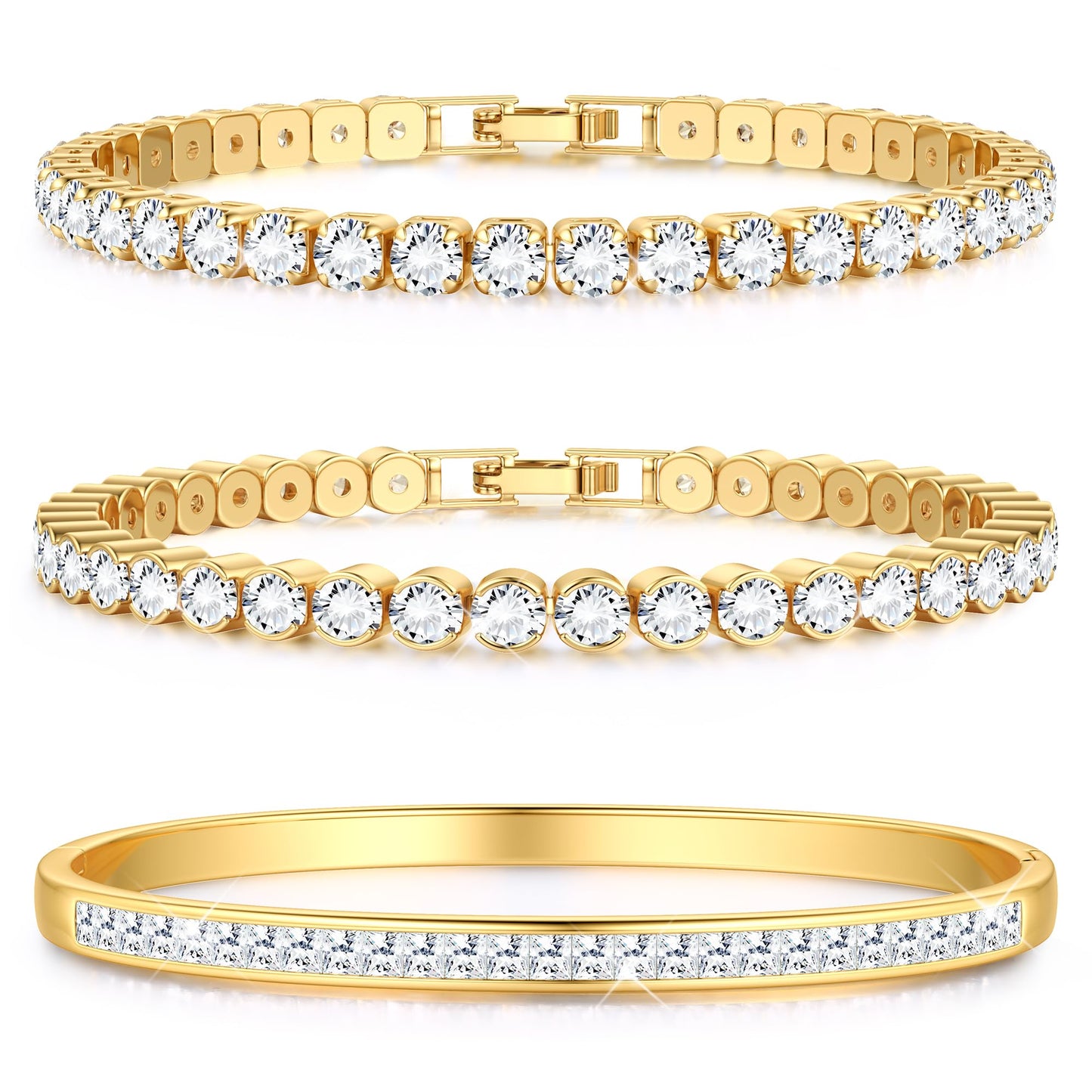 YADOCA Tennis Bracelets for Women Gold Bangle Bracelet Set 18K Gold Plated Stackable Cubic Zirconia CZ Diamond Bracelets Stack Wedding Bracelets for Brides Dainty Jewelry Gift Sizes 6.5-7.5 Inch 3Pcs