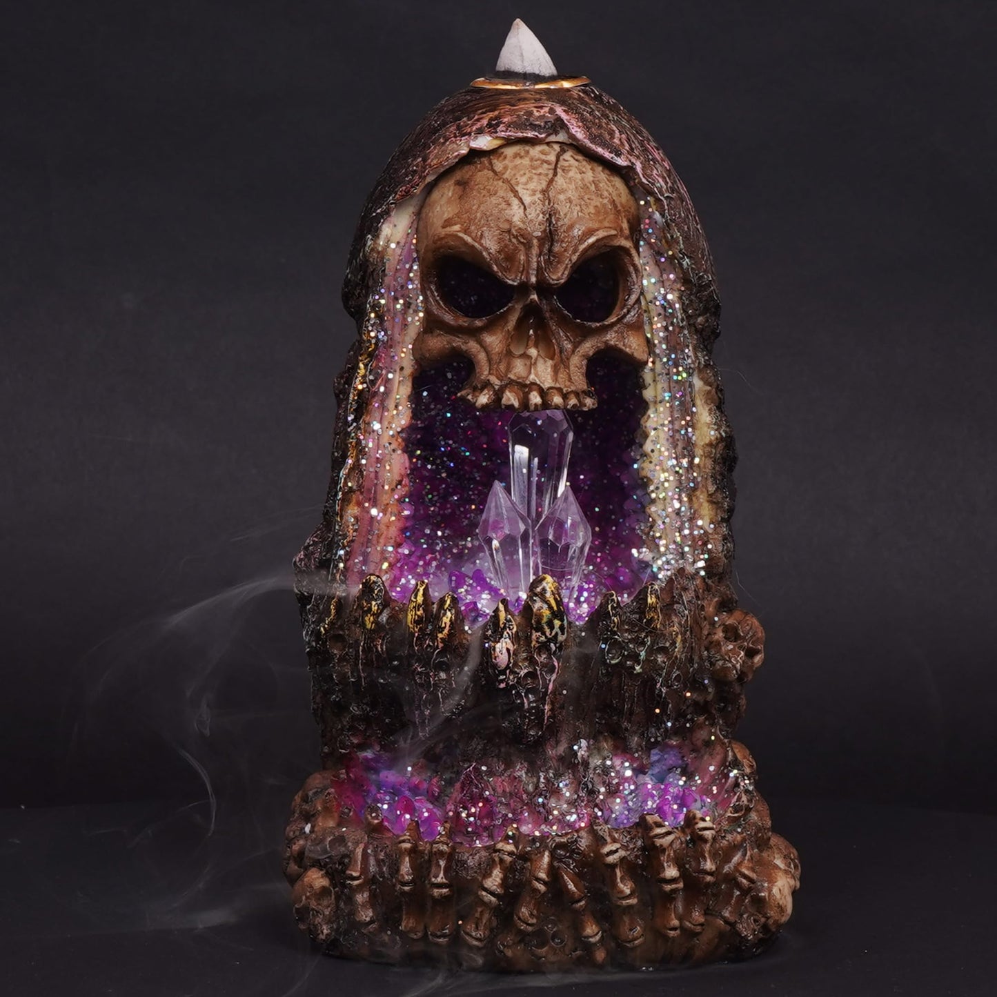 Fantasy Gifts Geode Skull Backflow Burner with LED – 6.5 Inch Crystal Waterfall Décor Accent | Mystical Skull Tabletop Decoration for Meditation, Gothic & Fantasy Home Décor