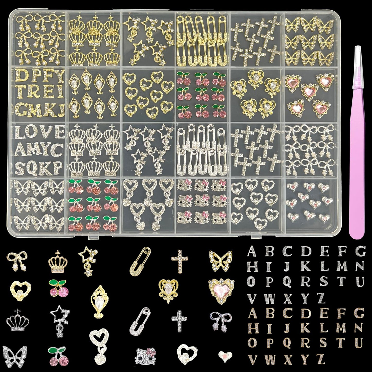 KINGNAME 252 PCS Silver & Gold Nail Charms Set with Letters, Hearts & Rhinestones – Y2K Bling Nail Art Decorations for DIY Manicure