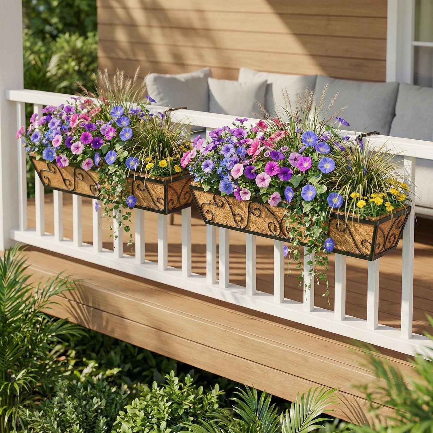 LAWYAMAI 2PCS 30 Inch Railing Planter with Adjustable Brackets, Window Box with Coco Liner, Hanging Flower Box for Balcony Deck Fence, Metal, Black