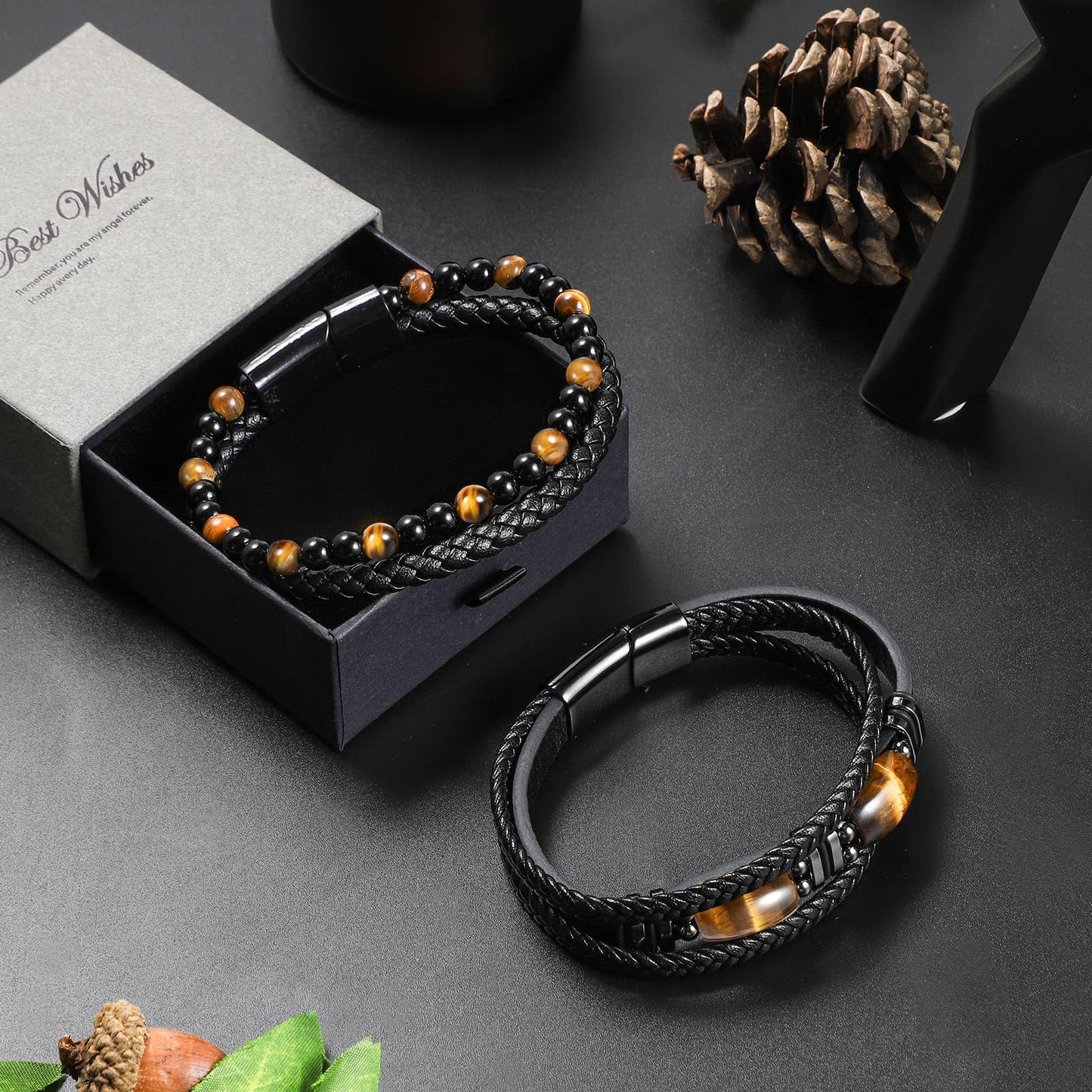 Enjoy Risingsun Tiger Eye Black Leather Bracelet Men Natural Tiger Eye Gemstone Crystal Stone Jewelry Handmade Courage And Stress Relief Protection Bracelet
