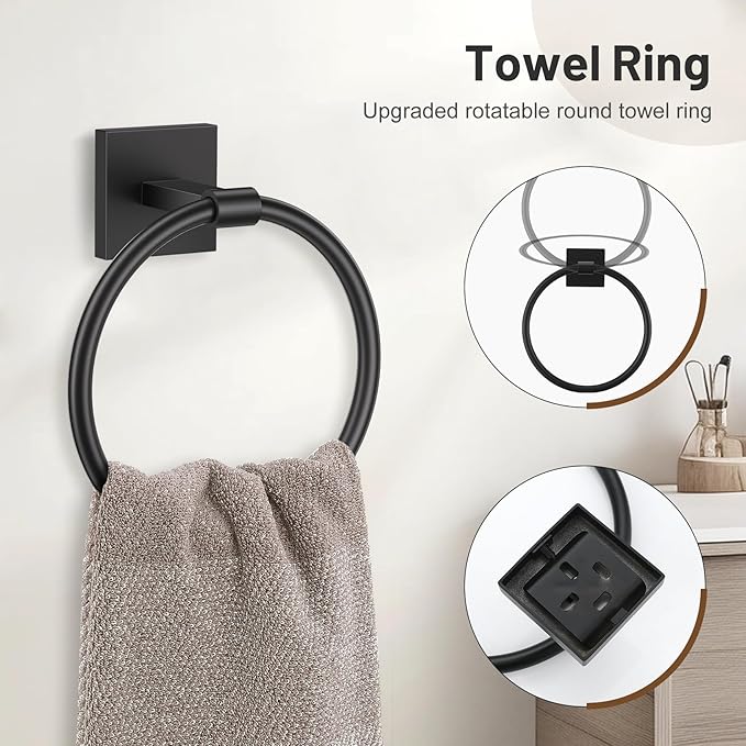 5 Pieces Bathroom Hardware Set Matte Black Towel Bar Set Includes 23.6” Towel Bar, Towel Ring Holder, Toilet Paper Holder and Two Towel Hooks, Bathroom Accessories Set SUS304 Wall Mounted
