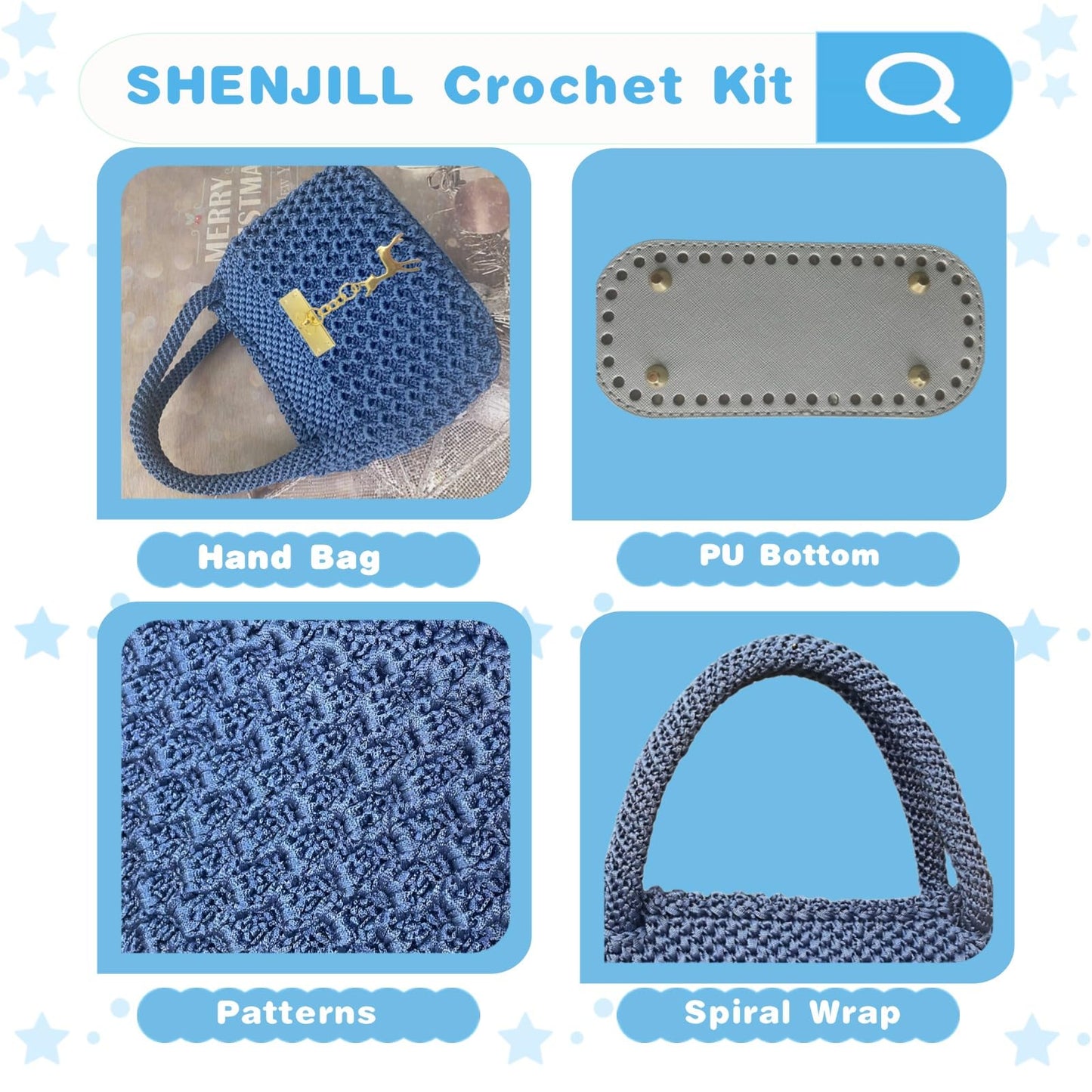 SHENJILL Phoenix Tail Bag Crochet Kit for Beginners Hand Bag Crochet Kit with Step-by-Step Videos and Written Instruction Crocheting Kits for Adults Easy Starter Yarn for Crocheting (Jeans Blue)