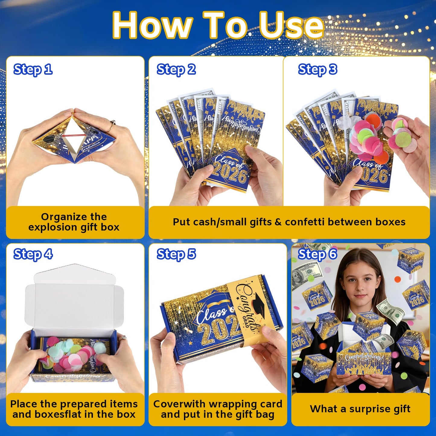 Sereliy Graduation Exploding Money Gift Boxes for Cash, 12 Pack Pop Up Surprise Money Box with Confetti, Blue Gold Graduation Explosion Gift Box for Cash Giving Class of 2026