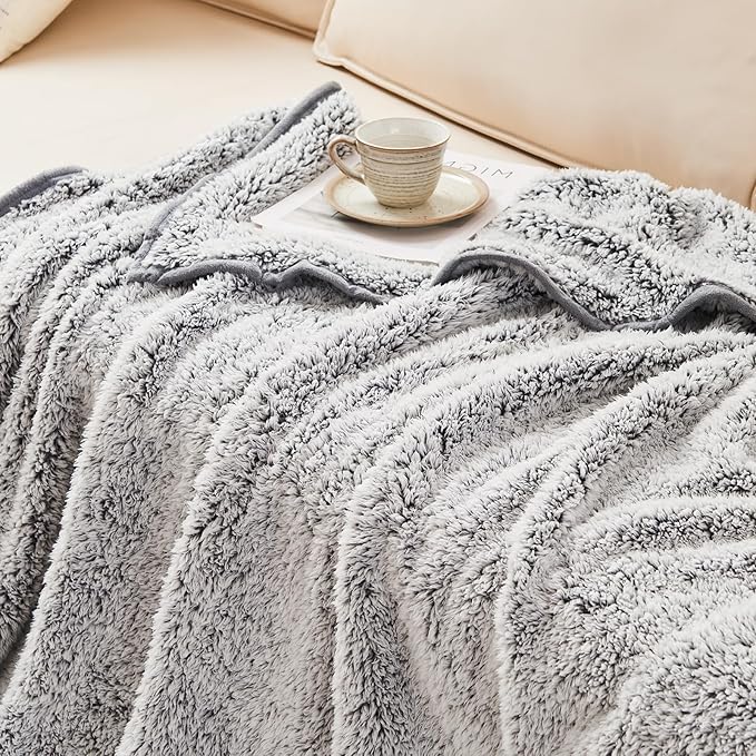 EMME Fuzzy Blanket Soft Fleece Throw Blankets for Women, Fluffy Sherpa Throws(Plush Grey,50"x60")