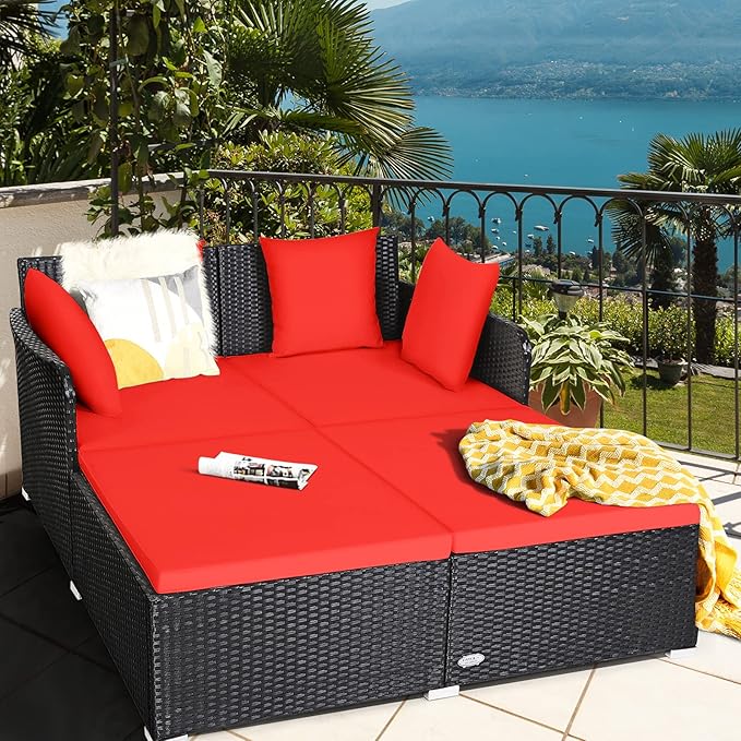 HAPPYGRILL Outdoor Rattan Daybed Patio Loveseat Sofa Set with Padded Cushion Pillows and Sturdy Aluminum Foot, Wicker Patio Furniture for Garden Porch Poolside