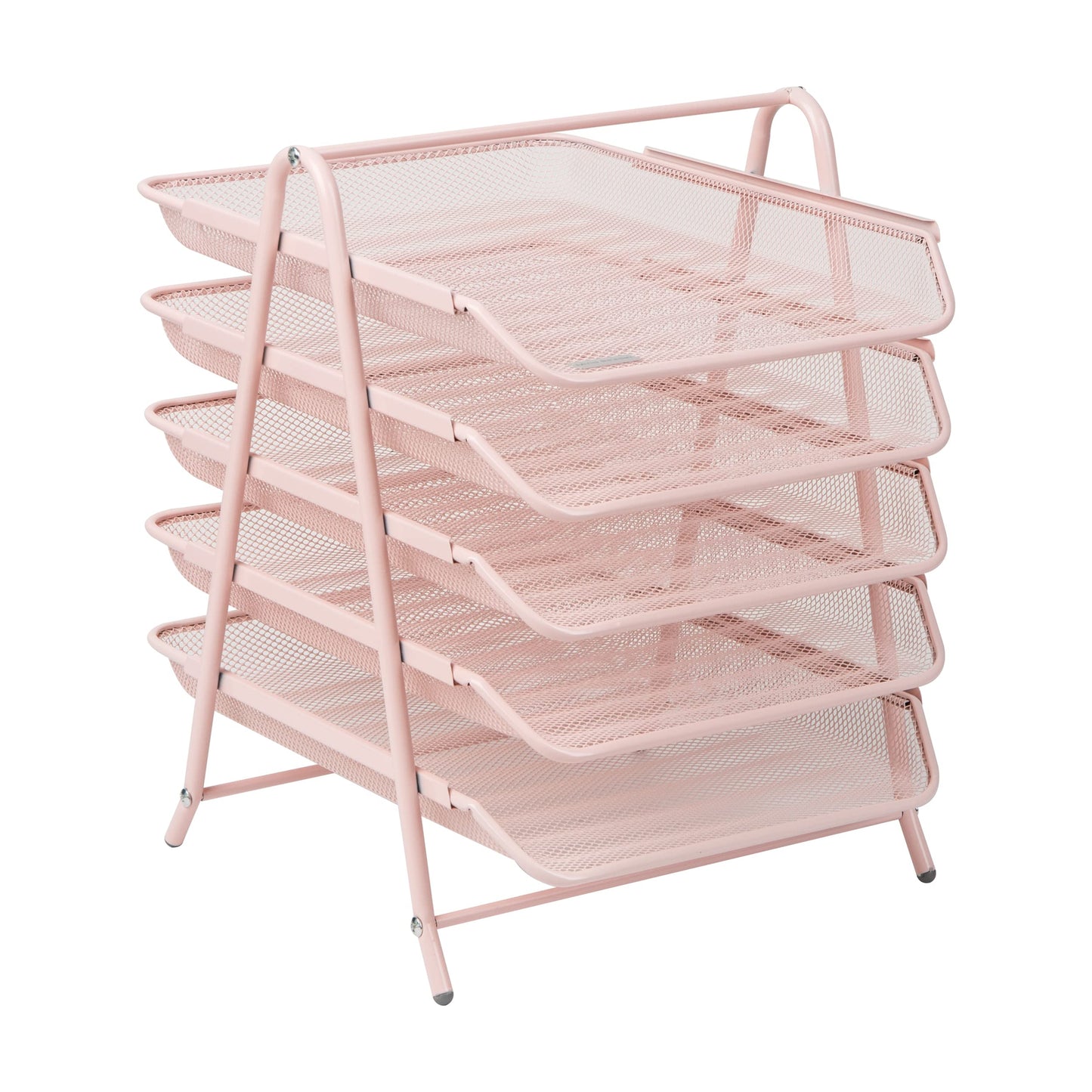 Mind Reader 5-Tier Paper Tray Organizer, Vertical Desktop File Storage Rack, Office, Metal Mesh, Pink