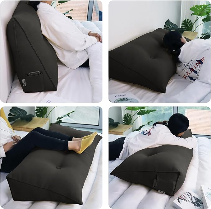 WOWMAX 85% Linen 15% Cotton Blend Headboard Pillow – Twin Size Reading Wedge Backrest for Bed, Handmade Firm Support Bolster Cushion with Removable Cover, Premium Bed Rest Pillow, Deep Gray