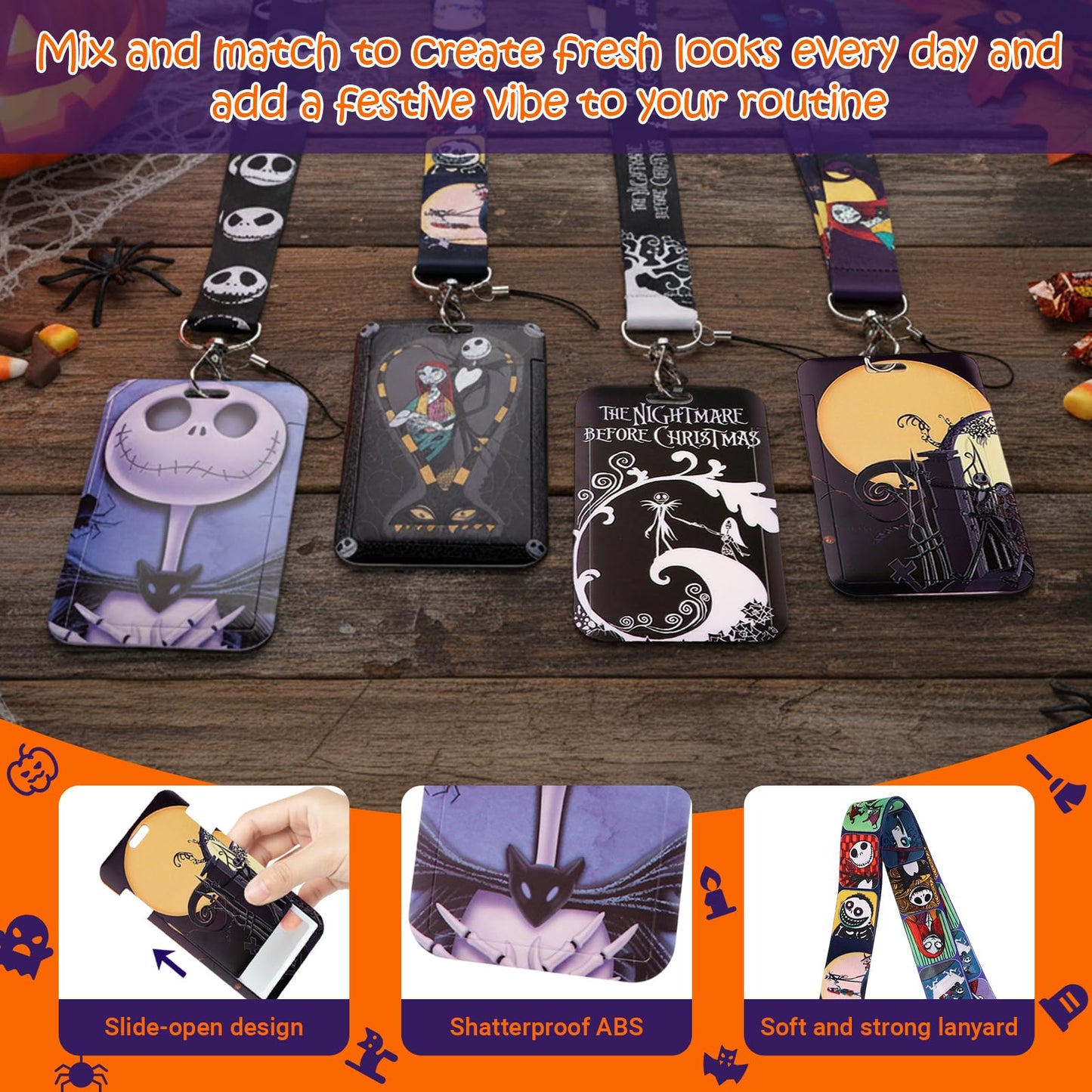 4 Pack ID Badge Holder Lanyards – Jack Sally The Nightmare Before Christmas Themed Student Card Holders for School, College & Office - Essential Campus Gear for Dorm, Dining Hall & Library Access