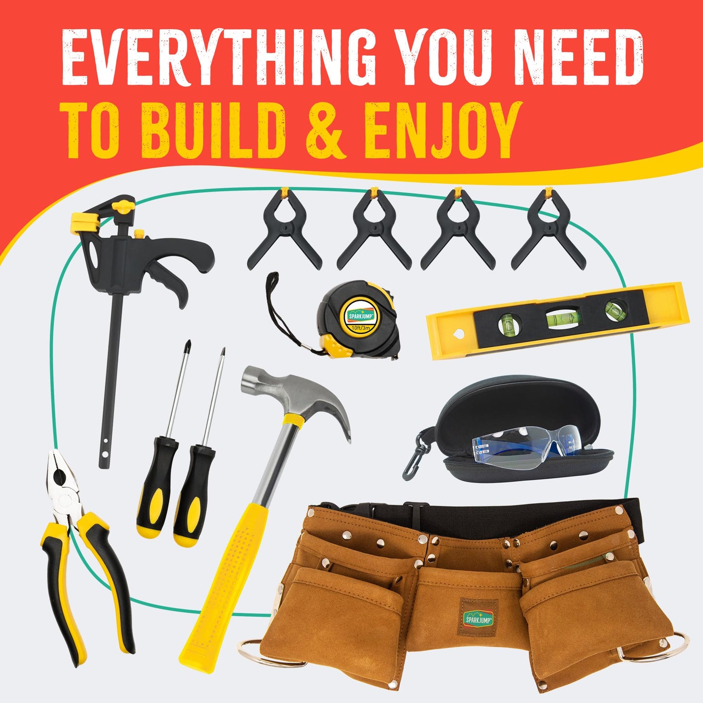 SparkJump Deluxe Kids Tool Set, Real Tools with Tool Belt & Tool Box, Beginner Tool Kit for Boys & Girls Ages 6 & Up, Brown Ultimate Tool Set