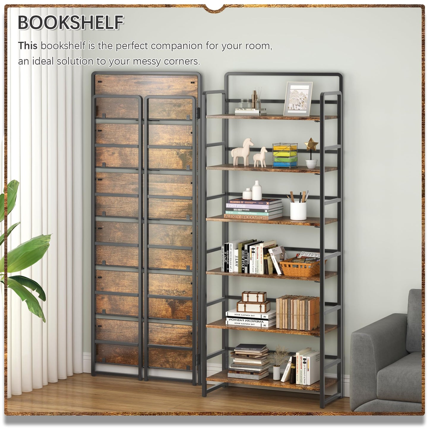 4NM No Assembly 6 Tiers Folding Bookshelf Storage Shelves Vintage Bookcase Standing Racks Study Organizer Home Office (Rustic Brown Black)