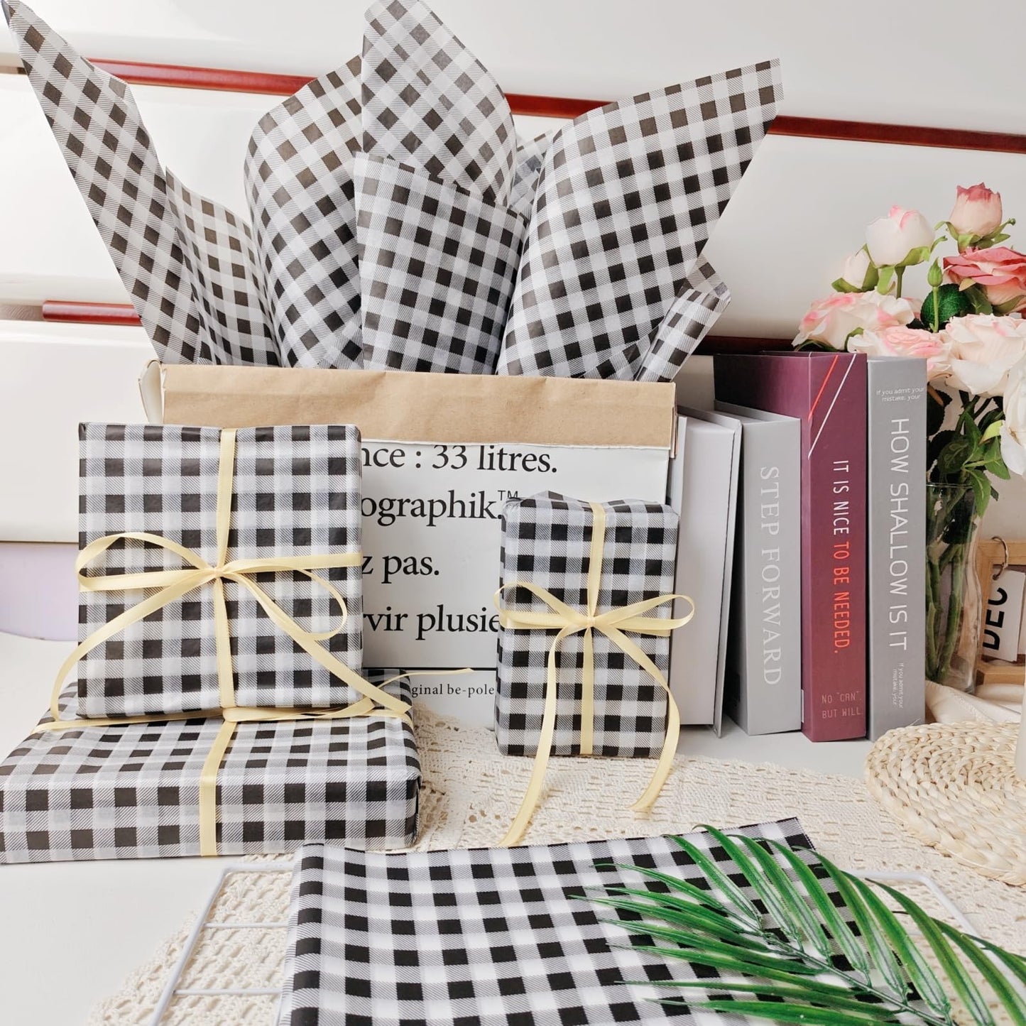 150 Sheets Buffalo Plaid Tissue Paper Gingham Black and White Checkered Tissue Paper Bulk Gift Bags Wrapping Tissue for Christmas DIY Art Craft Wedding Birthday Baby Shower Decor, 14 x 20 Inches