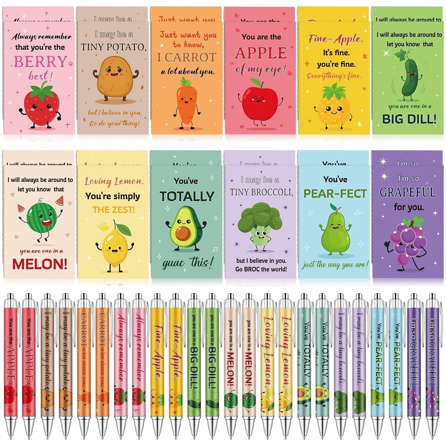 24 Sets Inspirational Mini Notebook with Pens Bulk Motivational Pocket Notepad with Cute Fruit Vegetable Pun Design Positive Gifts Employee Appreciation Gifts for Coworker Volunteer Teacher Students