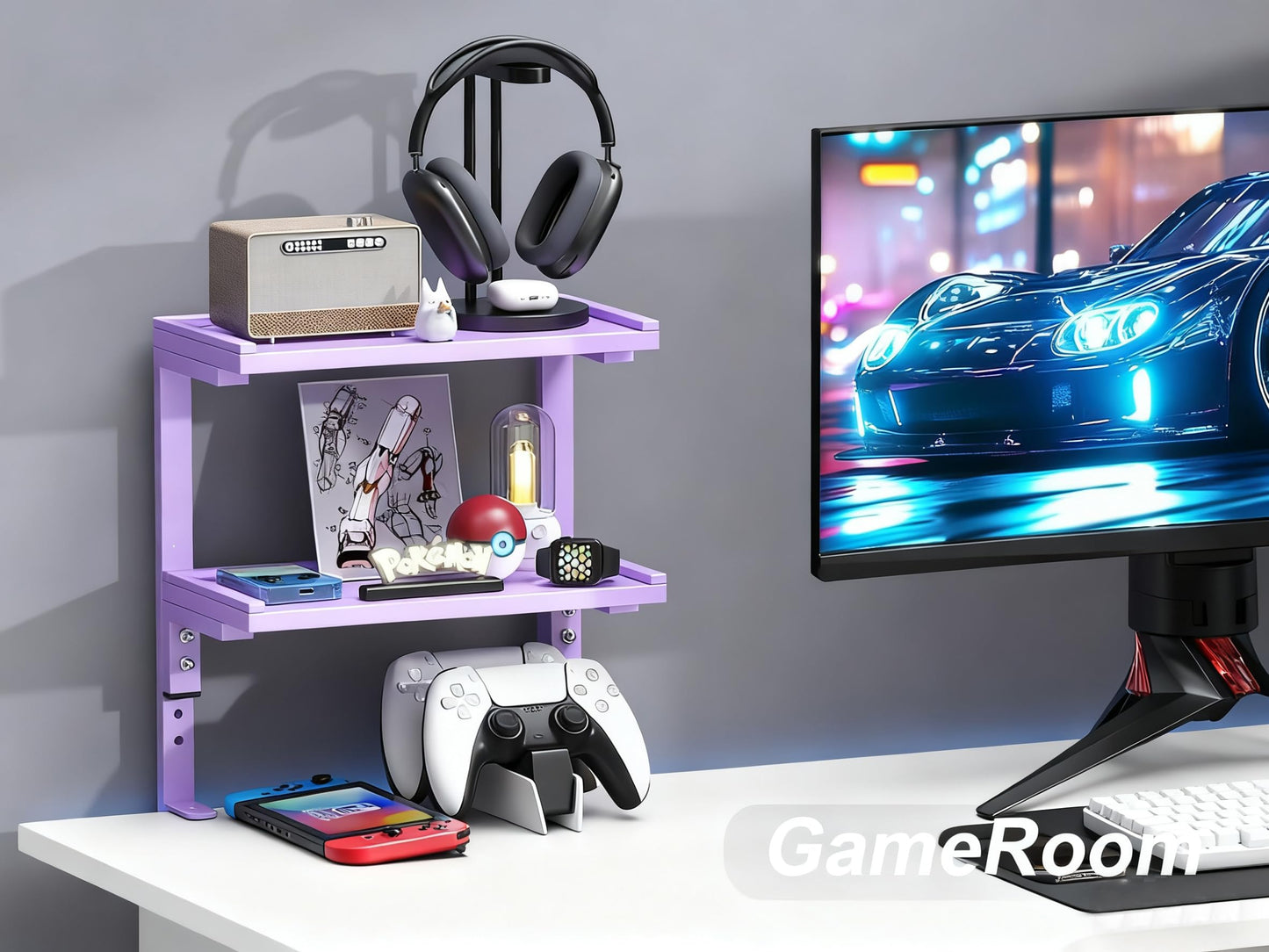 OUTIOE 2-Tier Desk Shelf, Expandable Under Desk Storage, Clamp on Desk Shelf, Desktop Accessories for Offices, Study Rooms, and Game Rooms (Purple)