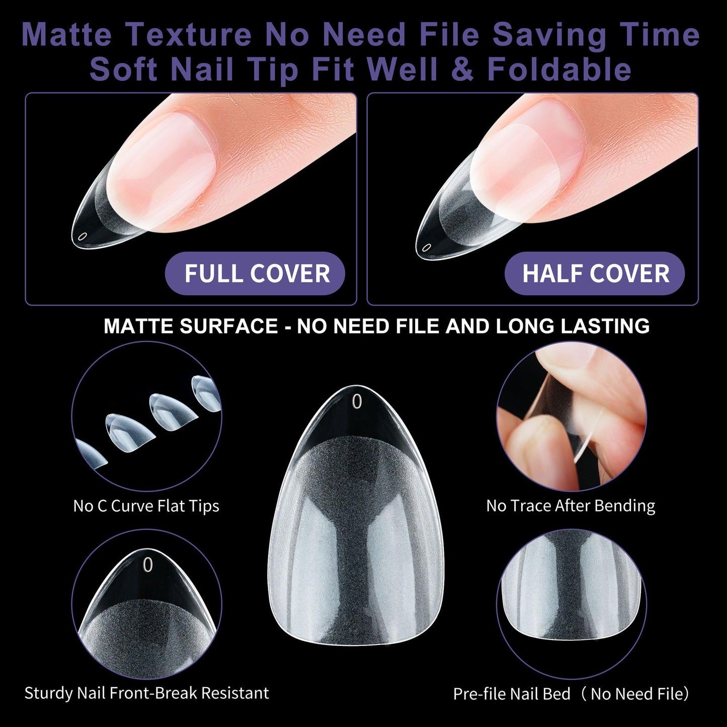 Half Matte Short Almond Fake Nail Tips, Soft Gel Pre-Shaped Nail Tips, Full Cover False Nails with Clear Box for Nail Salons and DIY Nail Art, 600PCS/12 Sizes