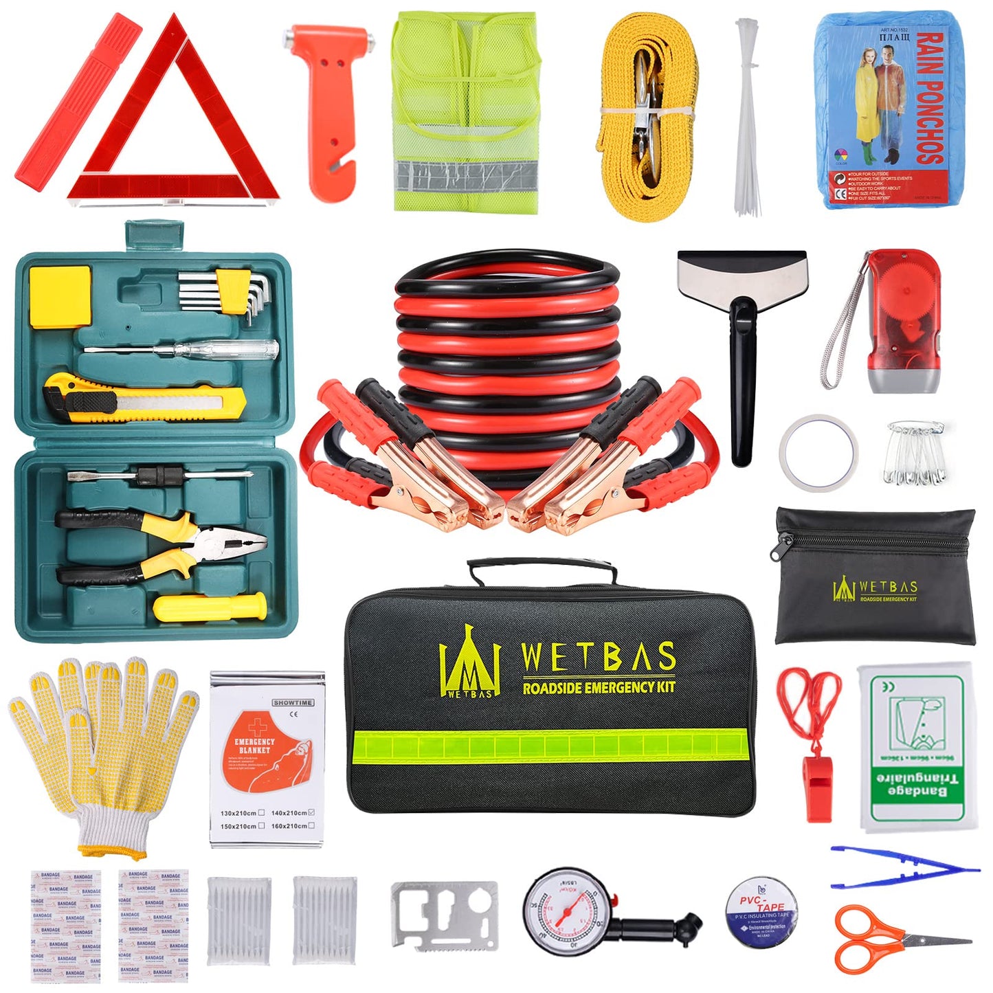 WETBAS Car Roadside Emergency Kit, Auto Vehicle Safety Emergency Road Side Assistance Kits Essentials, with Jumper Cables, Safety Hammer, Reflective Warning Triangle
