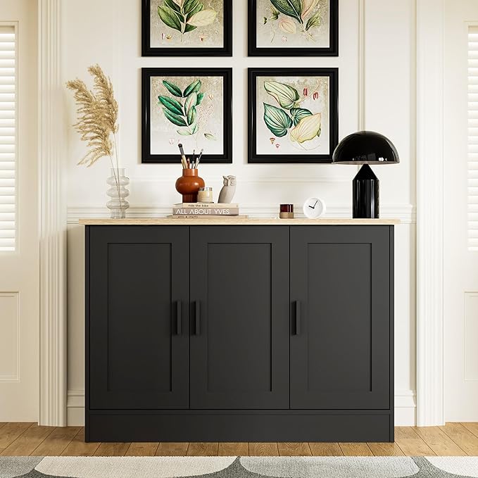 Anystyle 43.3”W Black 3 Door Buffet Cabinet, Coffee Bar with Adjustable Shelf, Kitchen Sideboard for Living Room, Kitchen