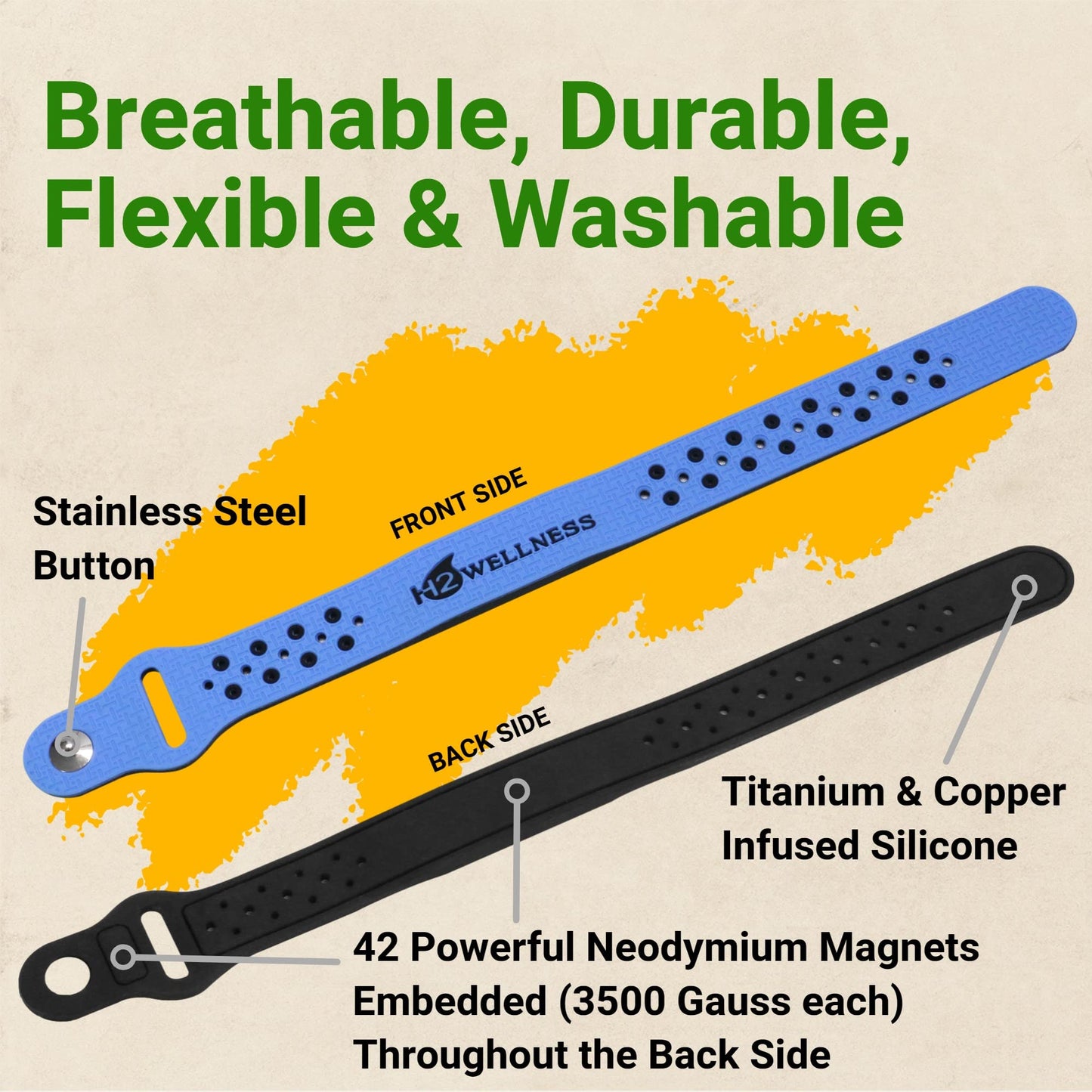 H2WELLNESS Magnetic Therapy Bracelet Super Ultra Strength Waterproof Breathable Comfortable Adjustable Infused with Titanium and Copper Sport Band (Blue)