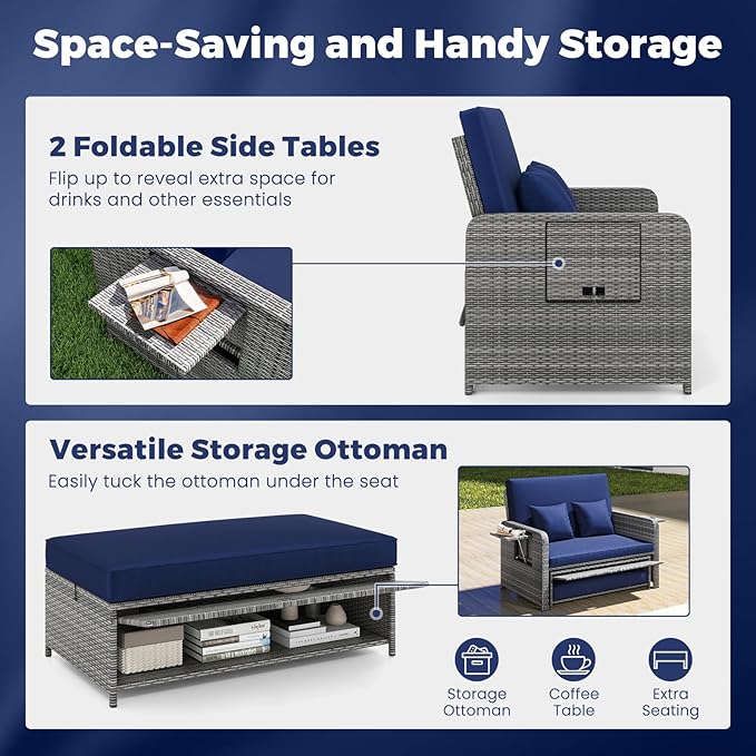 HAPPYGRILL Patio Rattan Wicker Daybed with Loveseat & Storage Ottoman, Outdoor Lounge Sofa Furniture Set with Adjustable Backrest & Side Trays, for Poolside Deck Porch Lawn (Mix Grey & Navy)